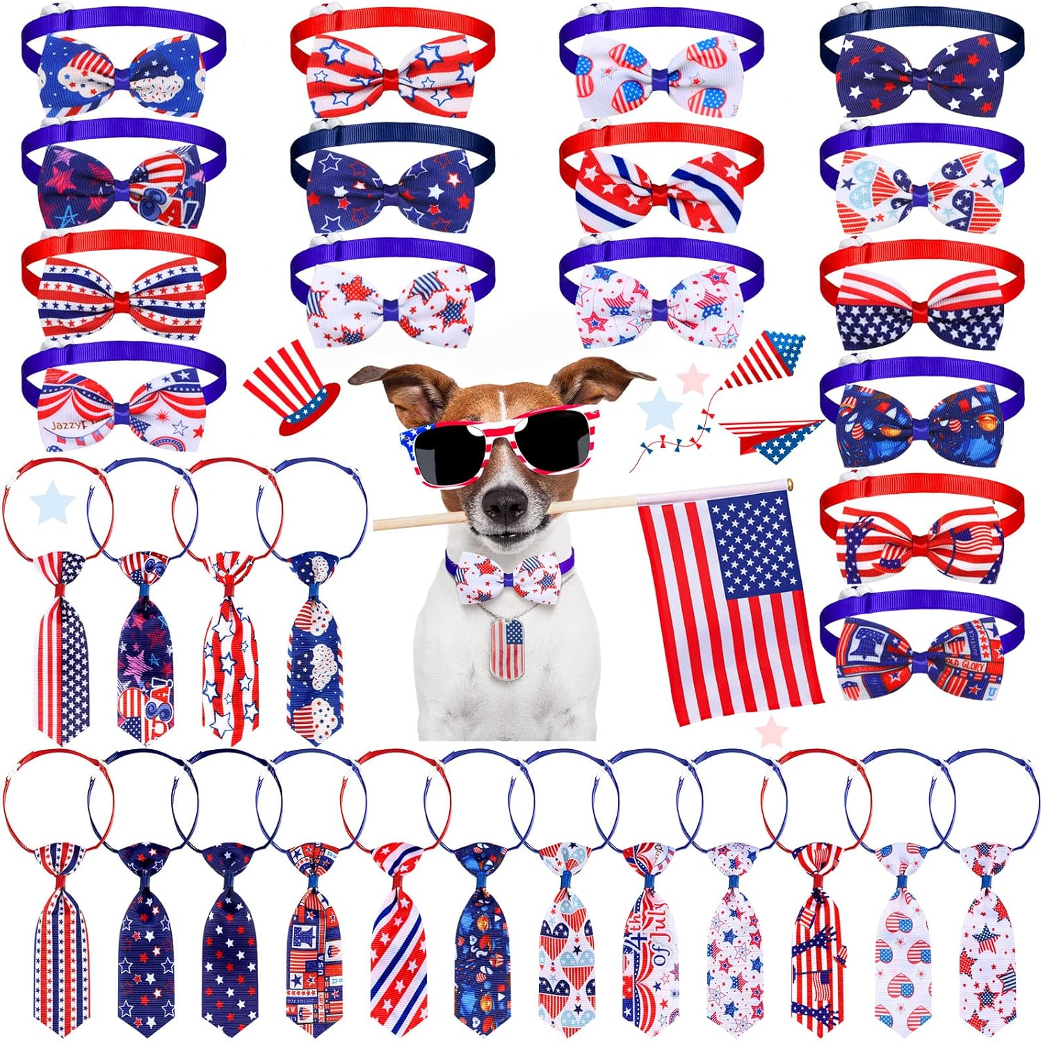 Saintrygo 32 Pcs 4th of July Dog Bow Set Includes 16 Pcs Patriotic Dog Bow Ties and 16 Pcs Dog Neckties with Independence Day Adjustable Collar Pet Grooming Accessories for Memorial Day(Star Style)