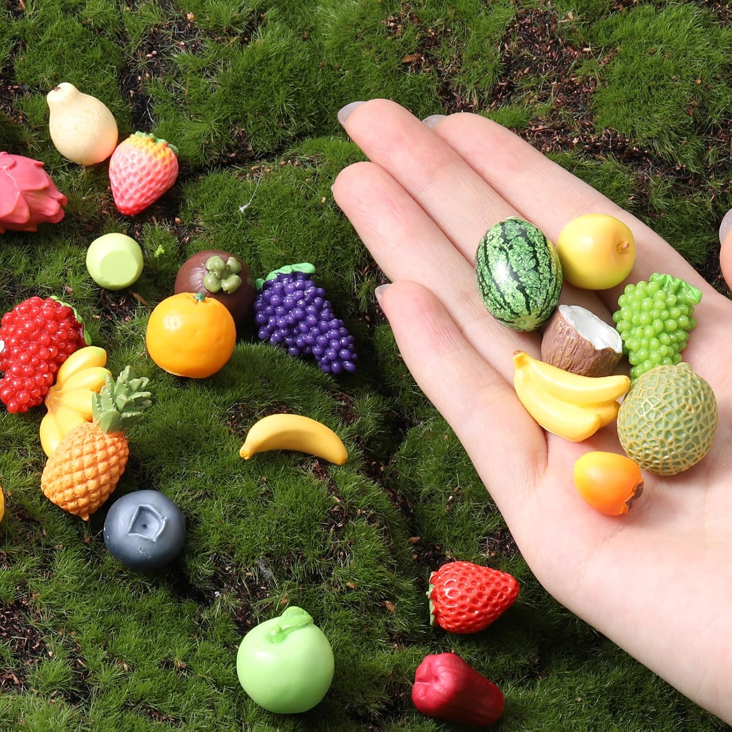 30Pcs Resin Artificial Fruits Decor, Fruits Mini Resin Figures Strawberry Peach Grapes Pineapple Lemon Banana for Garden Kitchen Game Party Decor, Cake Decoration, Miniature Fruits Figures