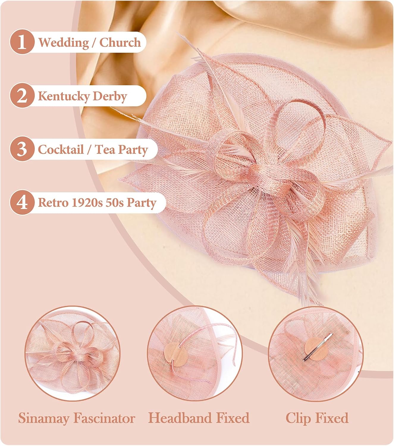 Z&X Sinamay Fascinator Hat Floral Feather Pillbox Derby Hats for Women Wedding Tea Party with Headband Clip - Image 4