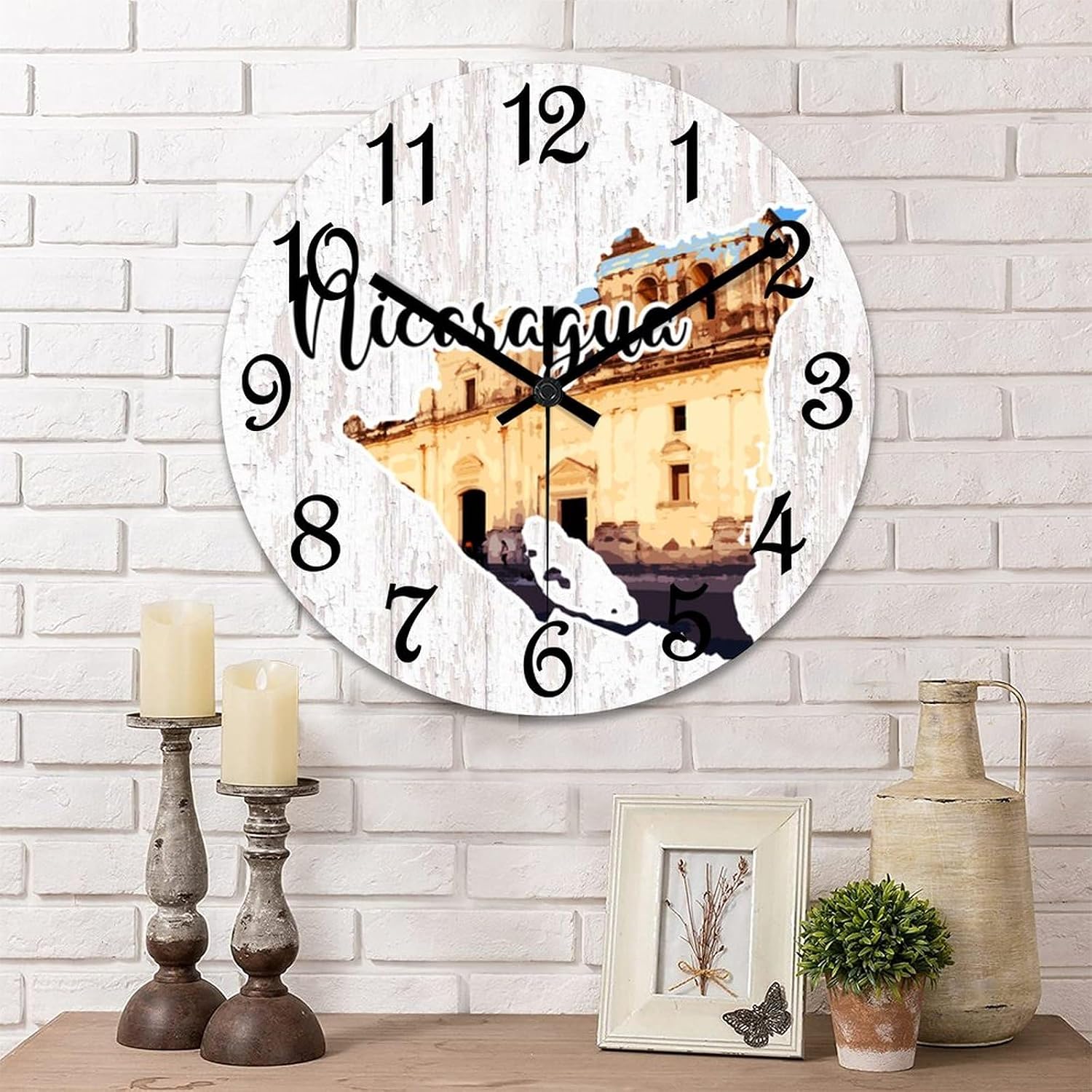 Decorative Wall Clock Nicaragua Landmark Landscape Wall Clock Nicaragua Map Wooden Clocks Silent Battery Operated 15 Inch Shabby Chic Retro Round Clock for Kitchen Bedroom Office, Style-2