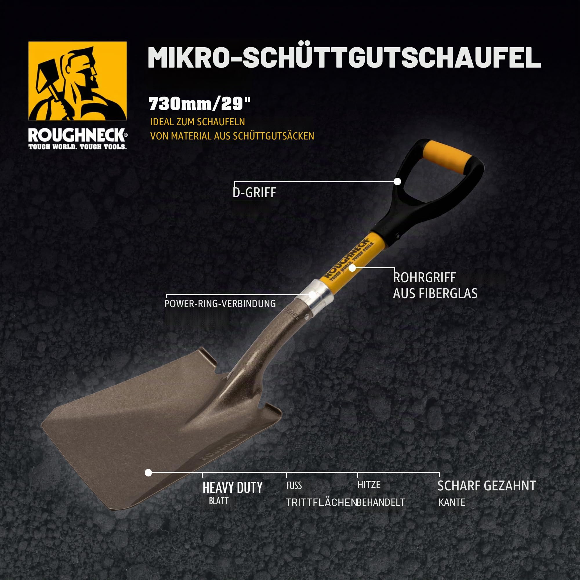 Roughneck Mikro-Schaufel, großer Schaufelkopf, robuste Klinge, kompaktes Design für kleine, Enge Räume, um Material aus Schüttgütern zu bewegen, 730 mm