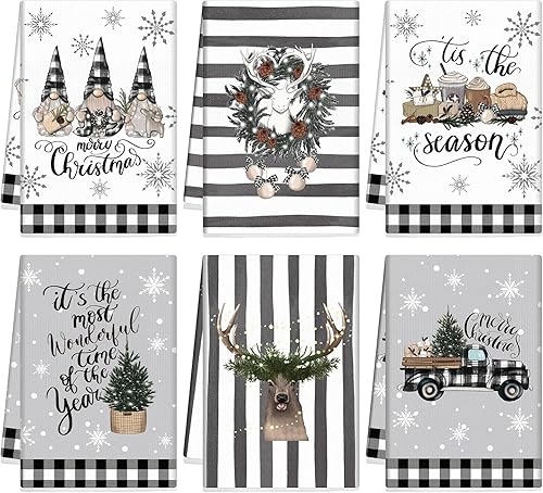 6 paños de cocina de Navidad de 21 x 14 pulgadas, toalla de cocina decorativa de baño absorbente, toalla de cocina navideña, decoración de Navidad