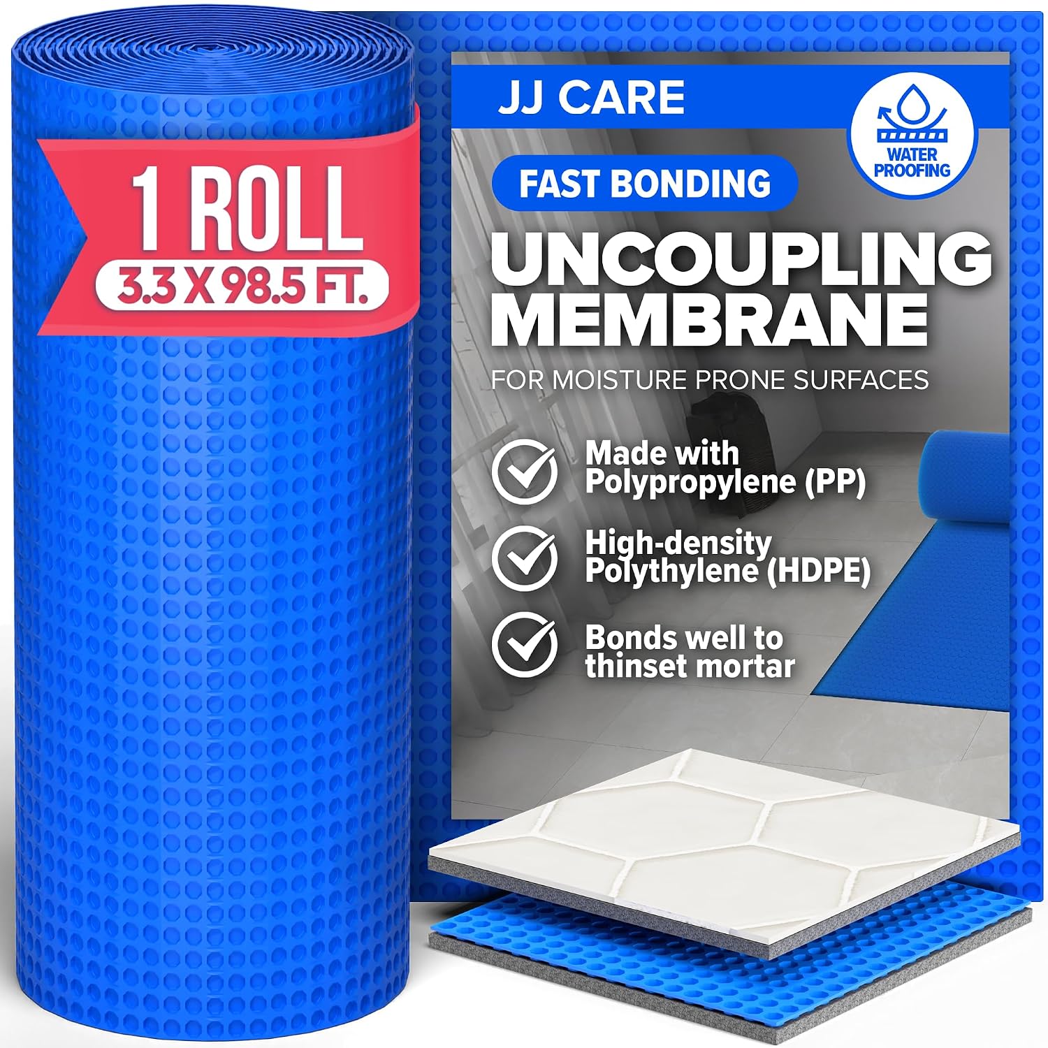 Uncoupling Membrane for Tile Floor, 3.3 ft x 98.5 ft Roll (323 Sq Ft), Blue Waterproof Tile Underlayment Membrane for Crack Isolation, Tile Underlayment and Tile Membrane