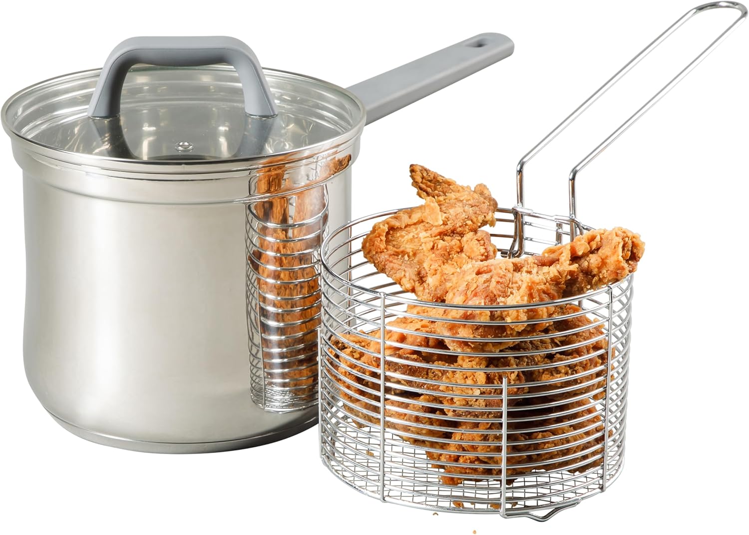 Oster Beauford 3.65-Quart Stainless Steel Deep Fryer Pot with Basket & Glass Lid – Induction, Oven & Dishwasher Safe, 5-Ply Encapsulated Base, Soft-Touch Handle