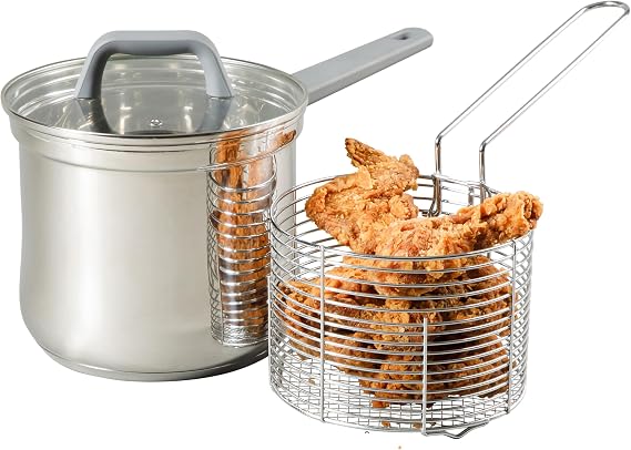 Oster Beauford 3.65-Quart Stainless Steel Deep Fryer Pot with Basket & Glass Lid Induction, Oven & Dishwasher Safe, 5-Ply Encapsulated Base, Soft-Touch Handle