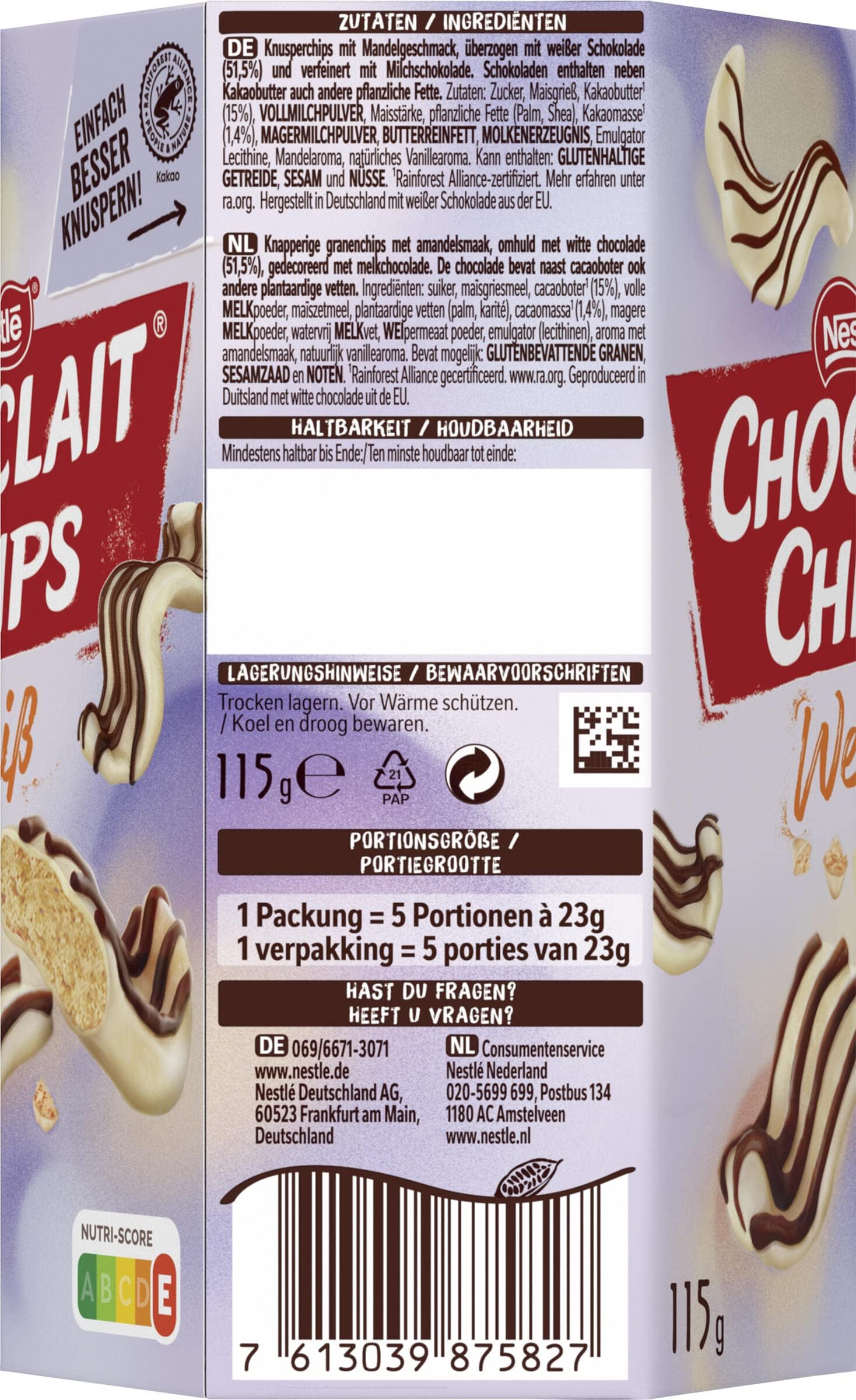 Nestlé CHOCLAIT CHIPS Weiß, Leckere Knusperchips mit Mandelgeschmack, umhüllt mit weißer Schokolade und verfeinert mit Milchschokolade-Dekorstreifen, 15er Pack (15 x 115g)
