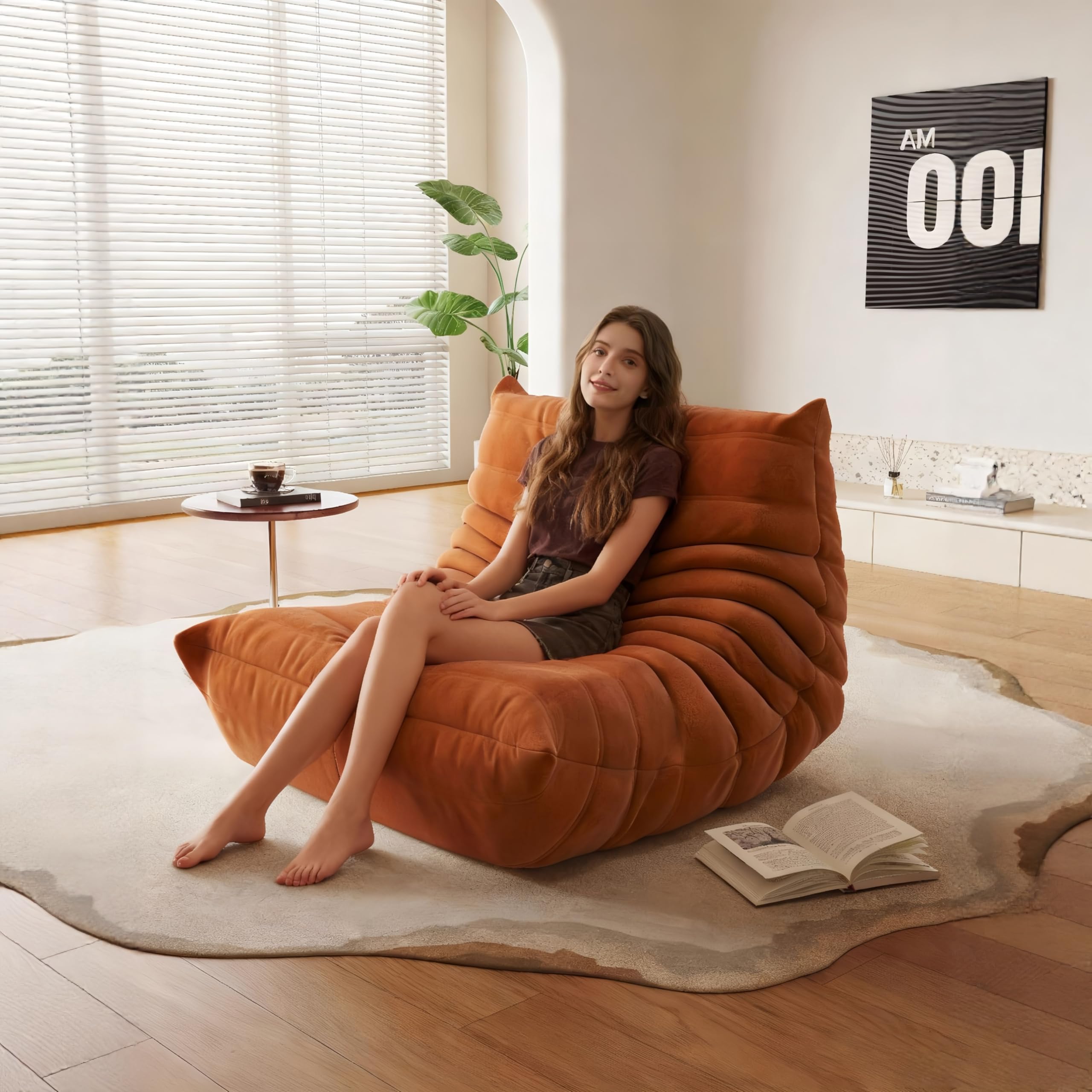 Adult Bean Bag Chair Memory Sponge Bean Bag Chair, Bean Bag Sofa with Filler, Artificial Fur Stove Bean Bag LazySofa Living Room Bedroom Office (White Plush, Single) (Orange)