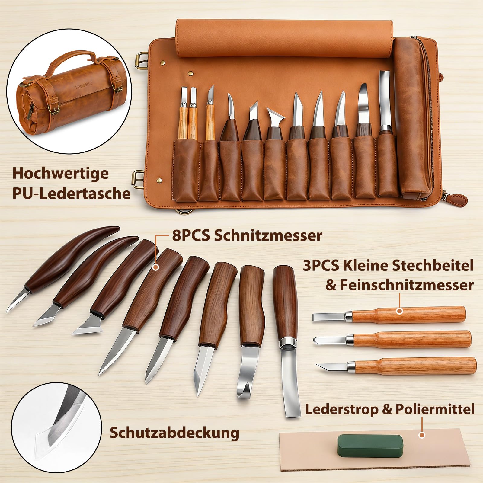 Holzschnitzerei-Set | Holzschnitzwerkzeug-Set | Tekchic 14-teiliges Schnitzmesser-Set mit PU-Lederetui (braun) – für Anfänger, Profis & Holzschnitz-Enthusiasten