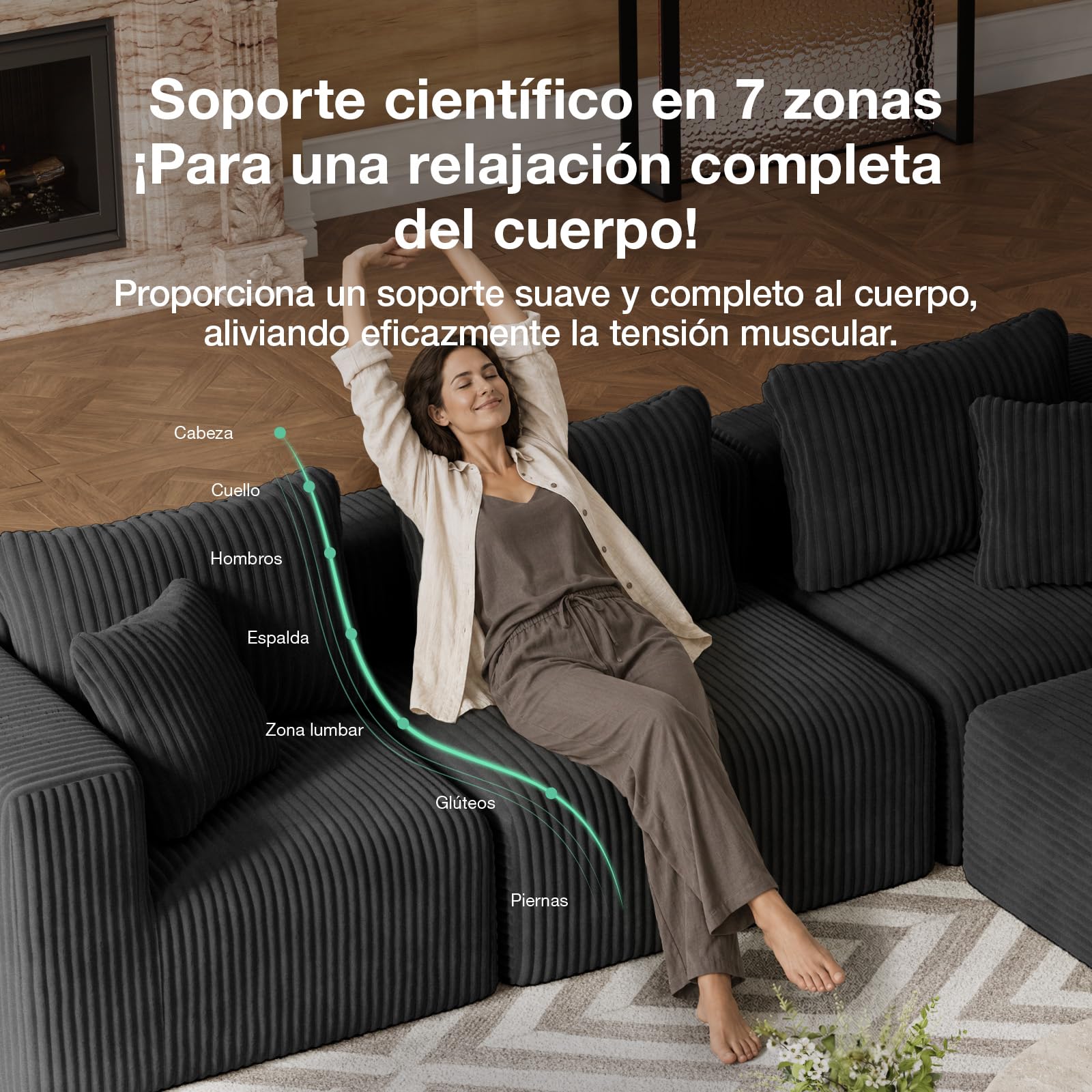 Novilla 270 cm Sofá Esquinero Modular Componible 3 Plazas en Terciopelo | Muelles Ensacados Smarts Coil®, Sin Montaje, Terciopelo Acanalado, 5 Cojines Incluidos