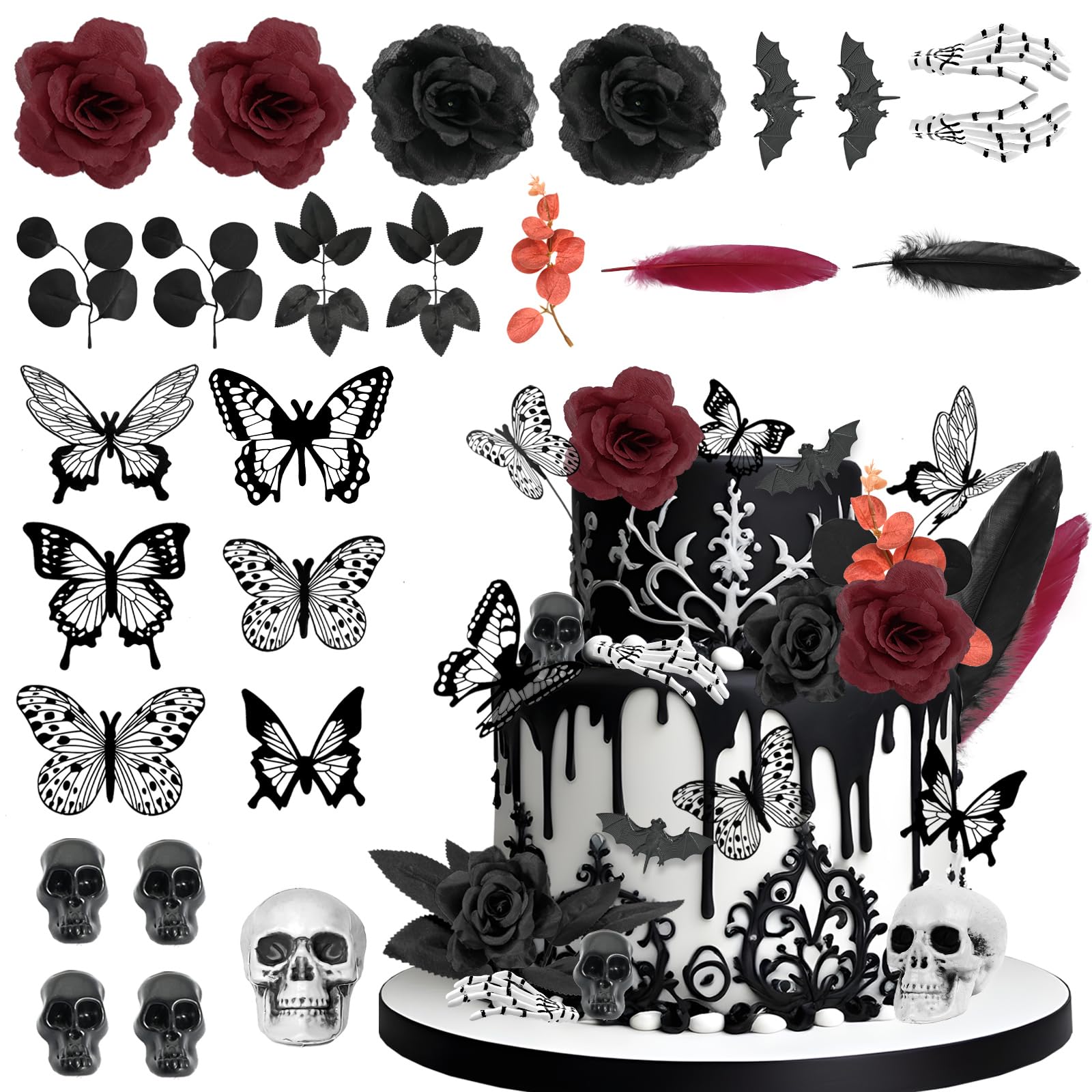 TSVATE Gothic Cake Decorations - 26PCS Black Cake Toppers with Red Black Rose, Skull, Butterfly Cupcake Toppers for Goth Birthday, Wedding, Halloween
