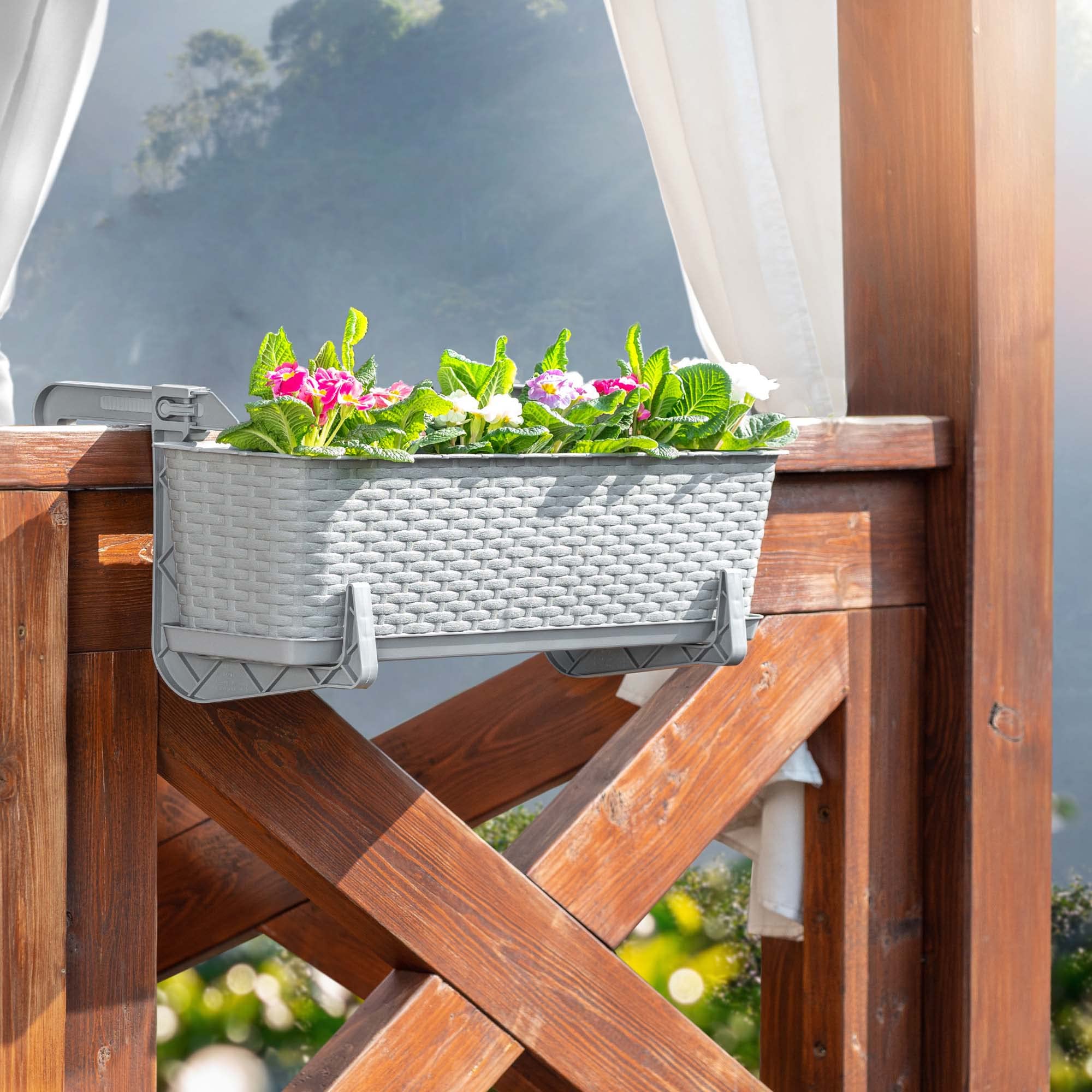 KADAX Macetas de Plástico Imitación Ratán, Maceteros Rectangulares con Platillos y Soportes para Exterior, Jardineras Colgantes (3: Gris, 60 cm, Aprox. 36L)