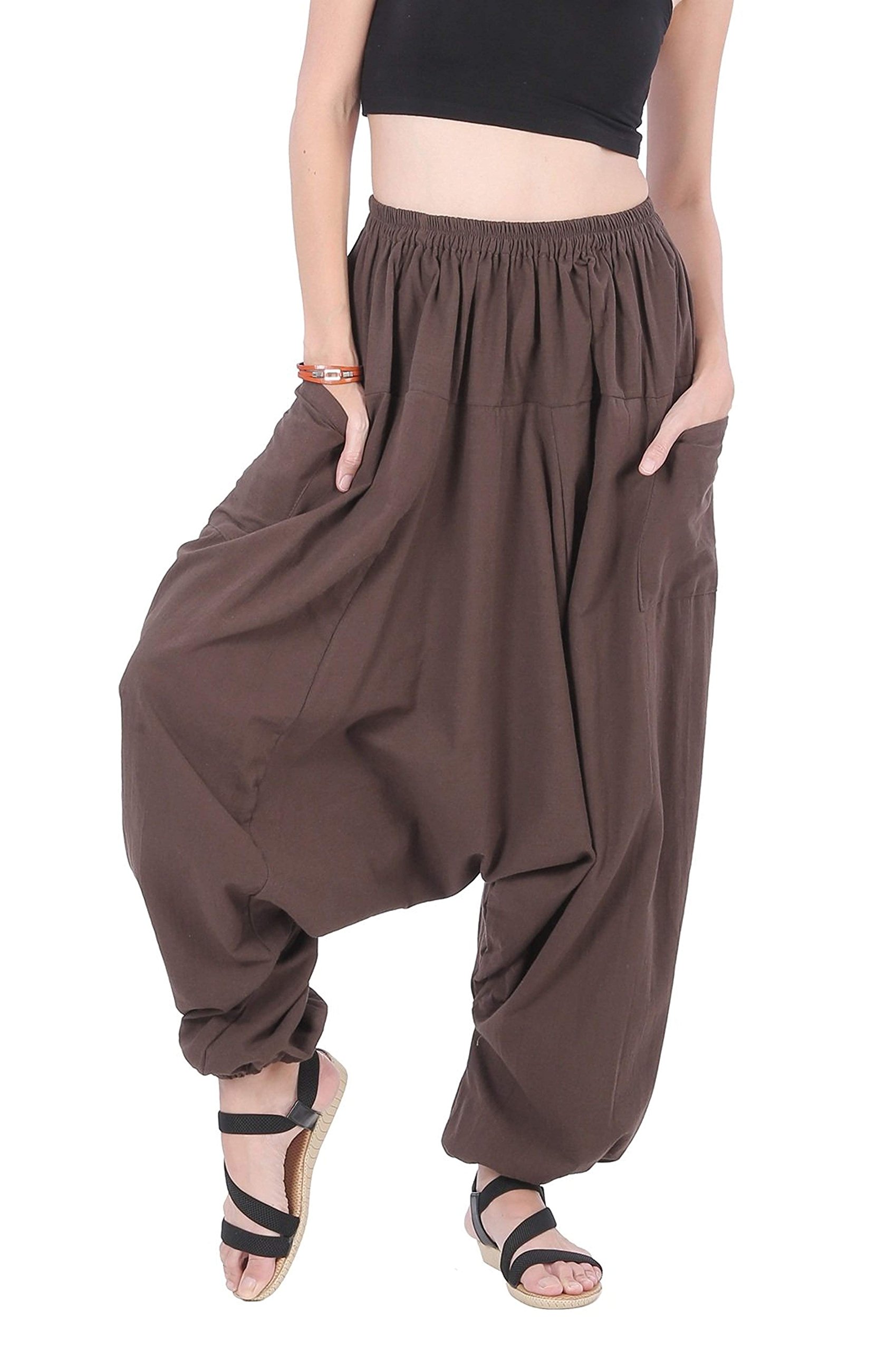 Whitewhale Women's Dark Brown Men Cotton Baggy Hippie Boho Gypsy Aladdin Yoga Harem Pants