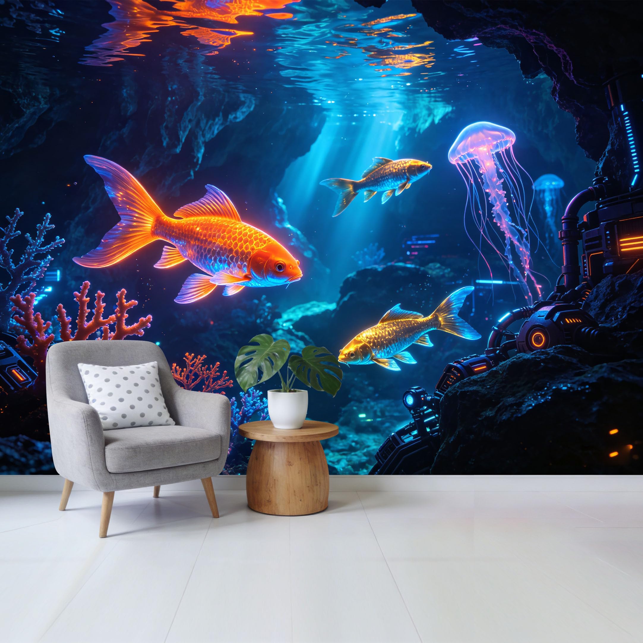 Qzlithotic Yq2605250186 Custom Size Wall Mural Glowing Goldfish Neon Jellyfish Underwater Marine Deep Ocean 3D Selfadhesive Wall Fabric Removable Wallpaper For Home Office Decor