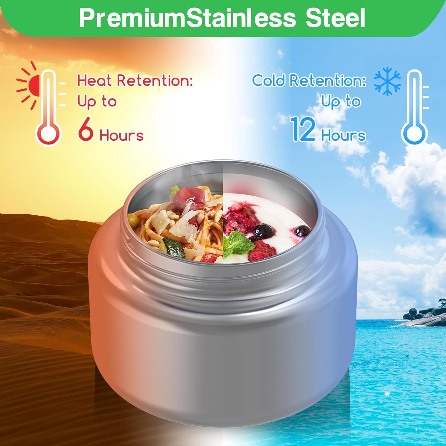 Bento Box for Kids - Leak-Proof Bento Lunch Box with Insulated Thermos Food Jar - 4 Compartments, 1 Removable Divider, 1Spoon, 1 Fork - Dishwasher Safe, BPA-Free (Green)