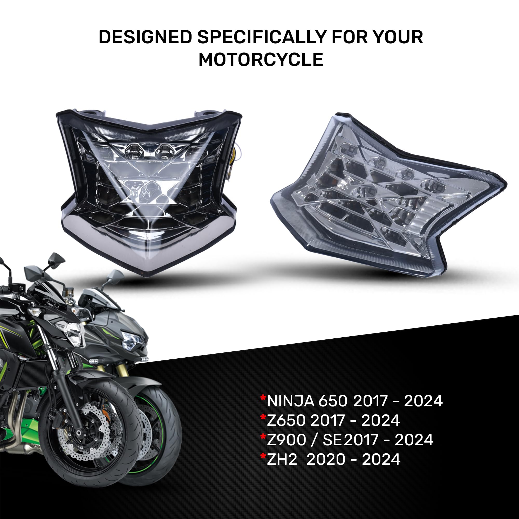 aVDB-moto Fanale Posteriore/Luce Stop LED compatibile con KAWASAKI Z650 Z-650 ER650H 2017-2025, Z900 Z-900/SE 2017-2024, Z H2 ZR1000 2020-2025, NINJA 650 EX650M 2017-2025 + Frecce Integrate (Chiaro)
