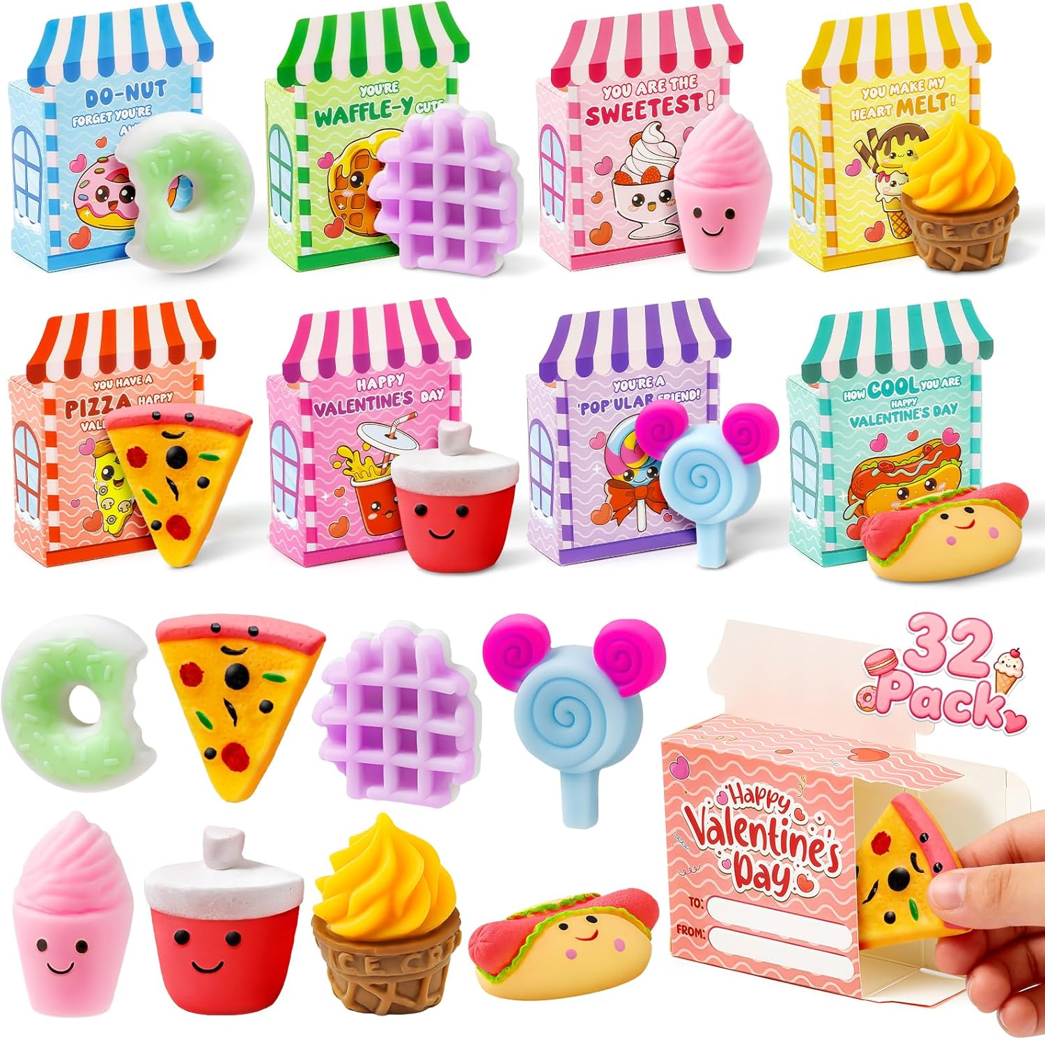 Jumlys Valentines Day Cards for Kids School, 32 Packs Cute Dessert Squeeze Toys, Valentine Day Party Favors for Boys Girls, Ideal Exchange Cards for Classroom