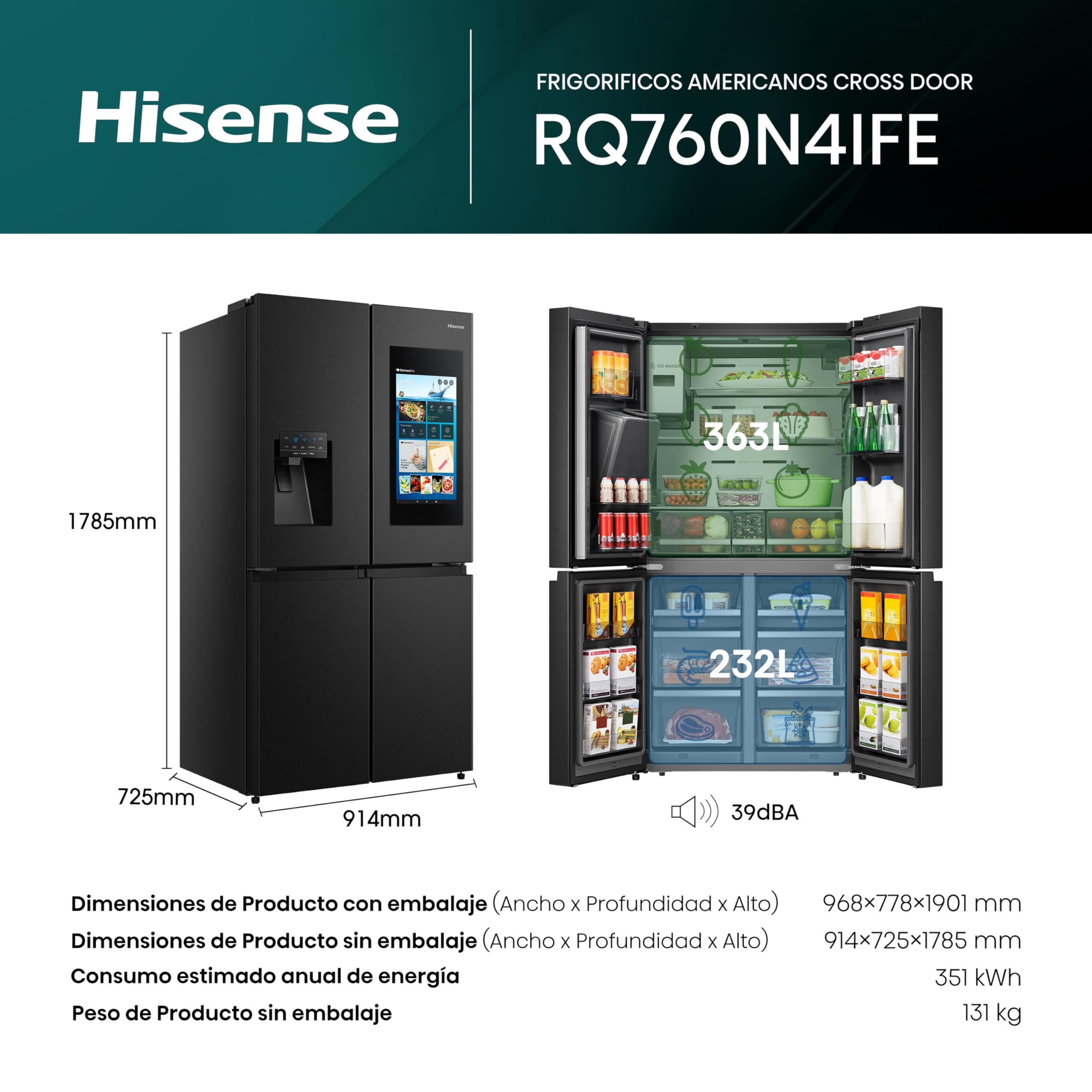 Hisense RQ760N4IFE Cross Door Puerta Americana con dispensador, Total NoFrost, Smart Connectivity con Pantalla & WiFi, MultiFlow,Metal Tech Cooling, E, Negro