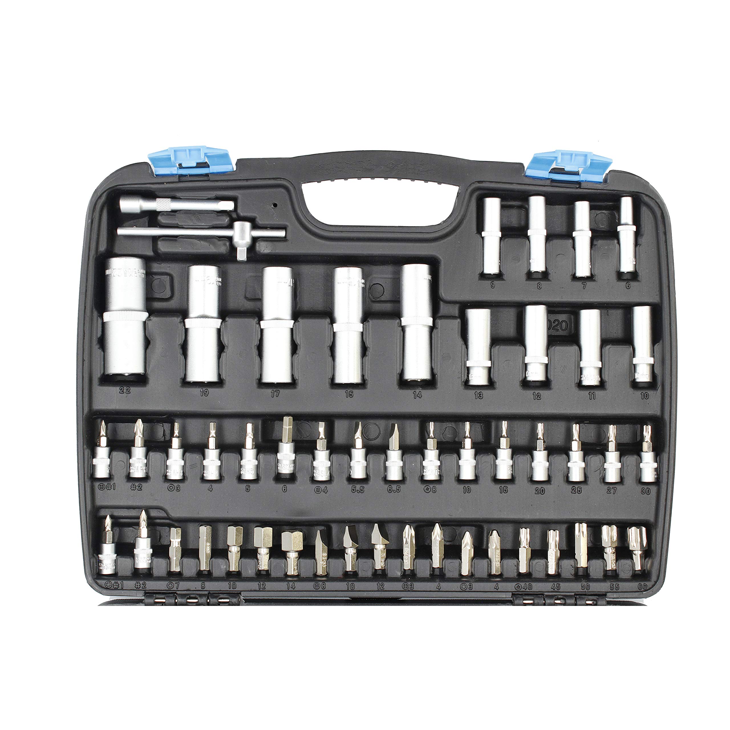 Ferrestock FSKSOC108 Juego de llaves de vaso de 108 piezas en estuche rígido, llaves de vaso en Cromo-Vanadio, puntas atornilladoras en aleación de acero, 2 llaves de carraca de 1/2" y 1/4" con botón