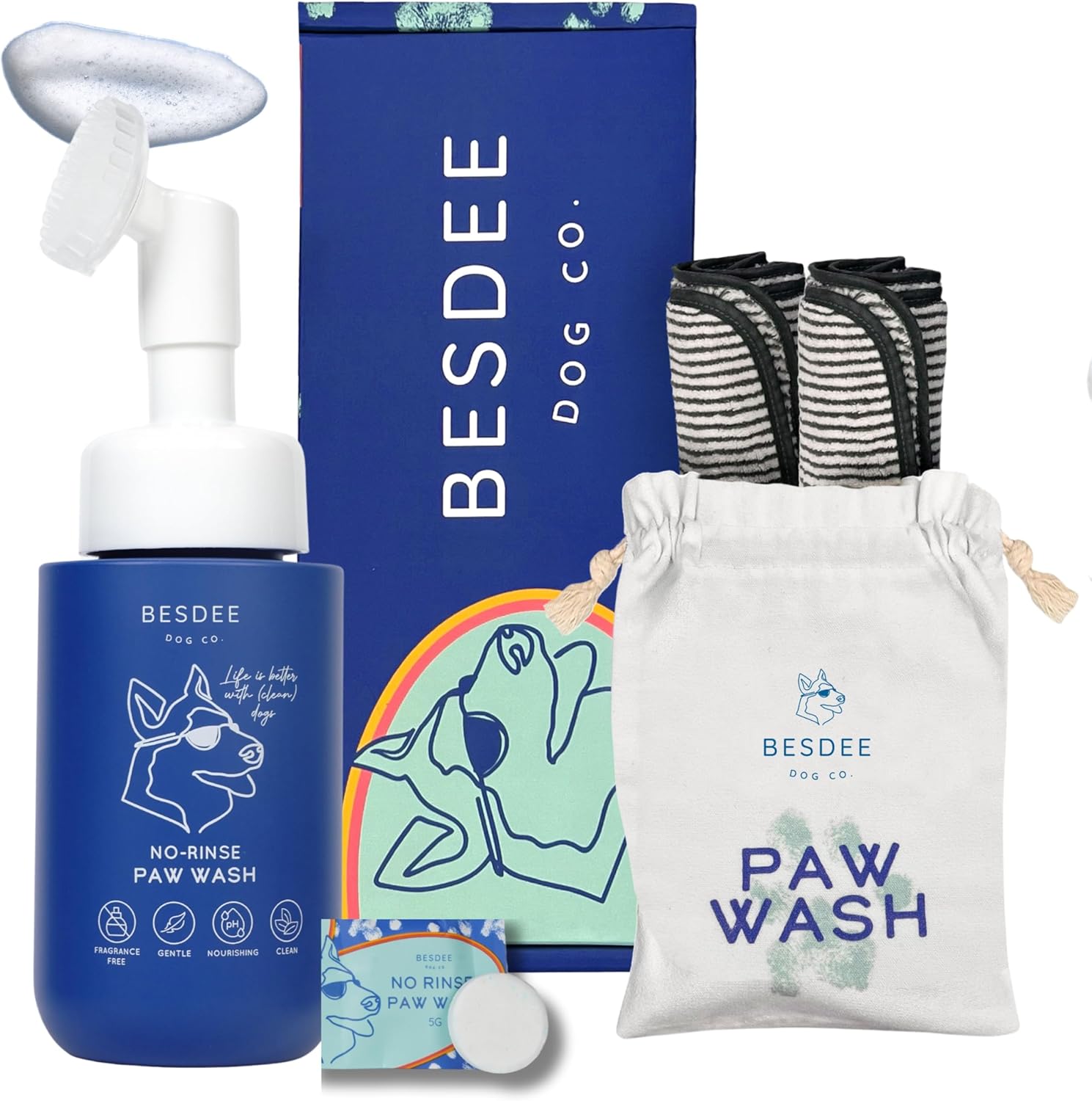 Dog Paw Cleaner. Refillable No-Rinse Paw Wash with Foaming Scrub Bottle. 3 Tablets = 3 Bottles = 150+ Washes. Eco-Conscious Paw Cleaner with 2 Towels & Travel Bag – Natural & Gentle