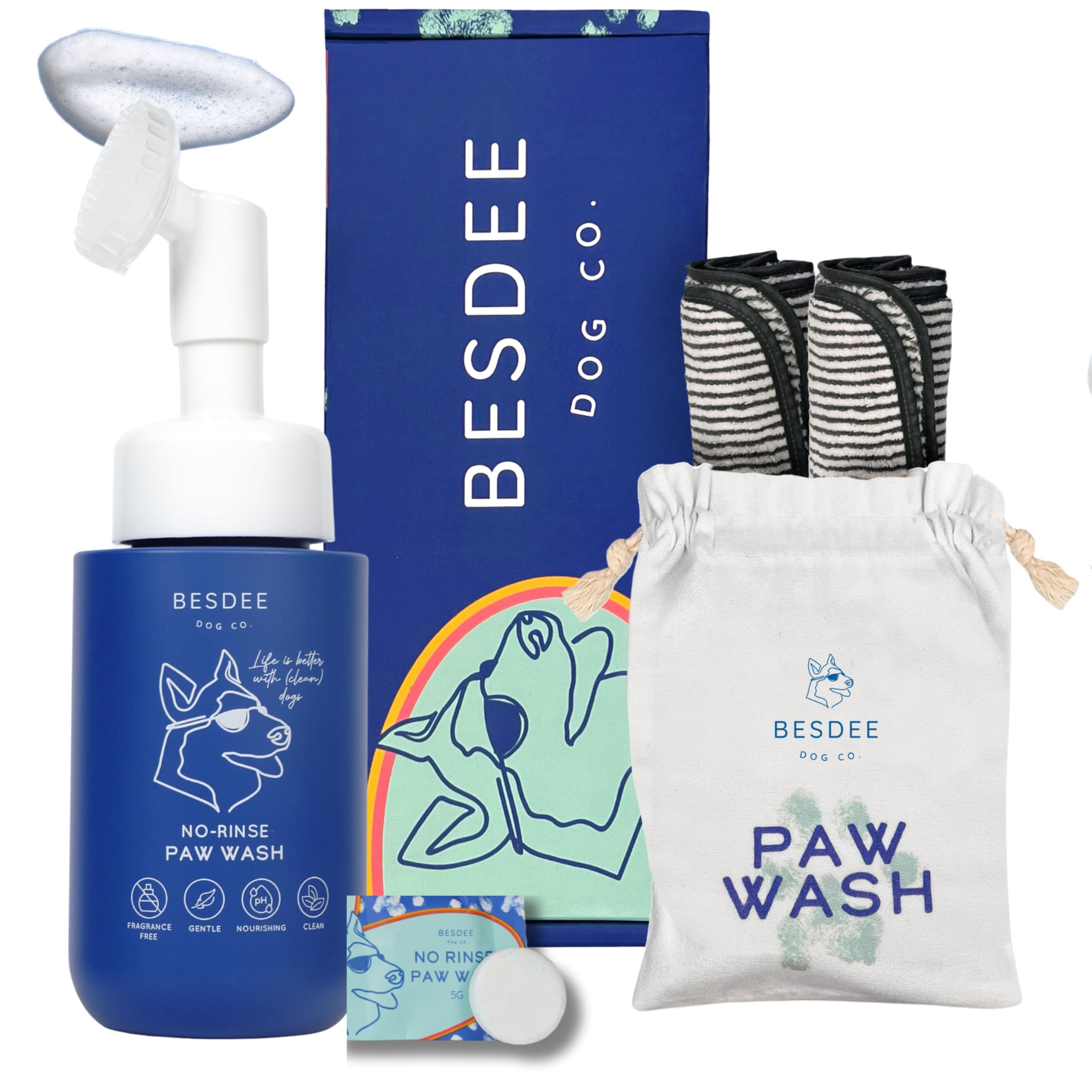 Dog Paw Cleaner. Refillable No-Rinse Paw Wash with Foaming Scrub Bottle. 3 Tablets = 3 Bottles = 150+ Washes. Eco-Conscious Paw Cleaner with 2 Towels & Travel Bag – Natural & Gentle
