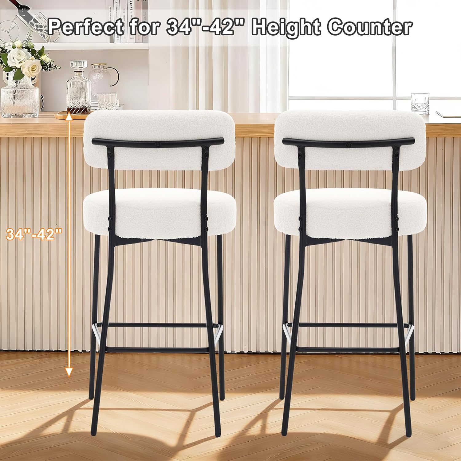 Bar Stools Set of 2, 27" White Boucle Counter Height Barstools with Back and Metal Legs, Upholstered Modern Barstools Chairs for Kitchen Island, Counter, Dining Room