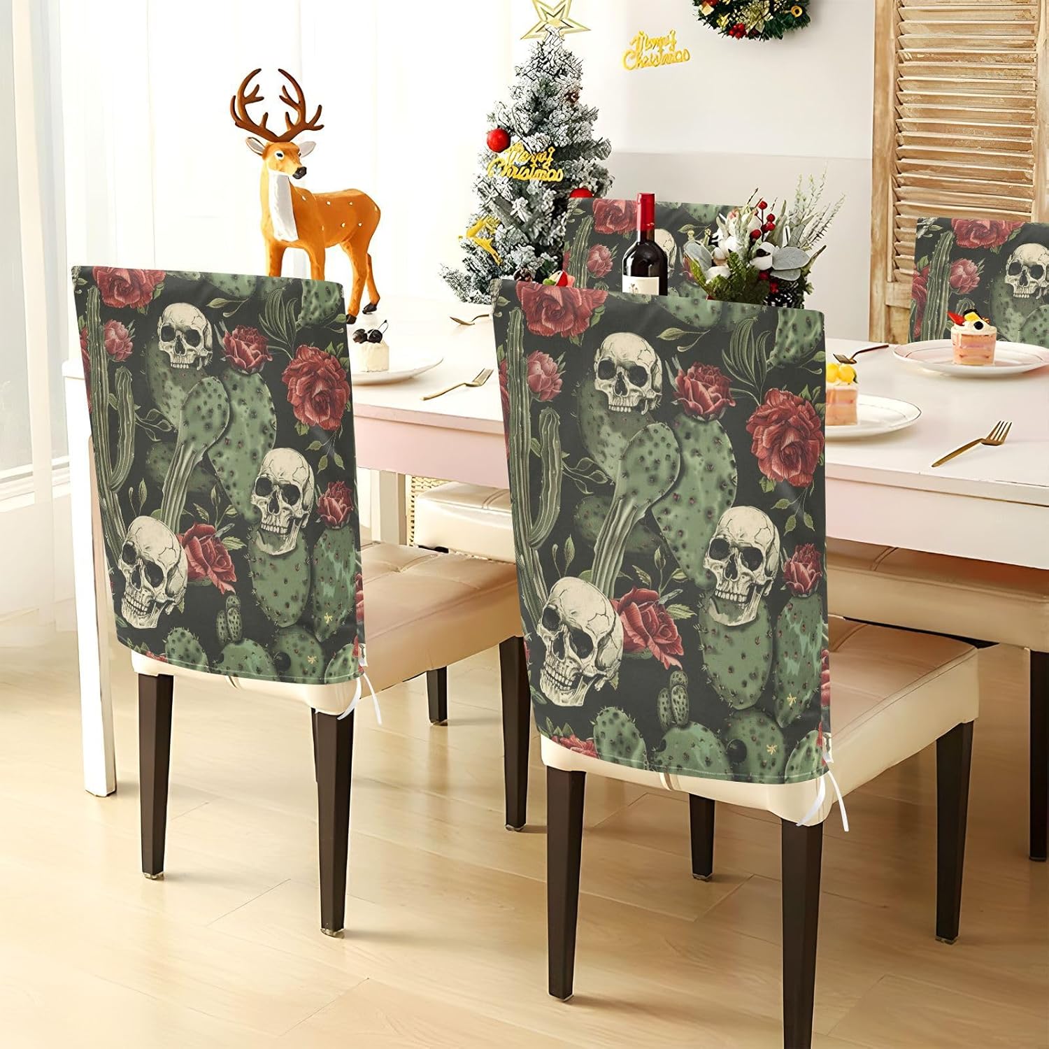 ALAZA Cactus Skulls Red Flowers Chair Back Cover Set of 6, Washable Reusable Removable Chair Slipcovers Decorative Chair Cover for Home Kitchen Wedding Party