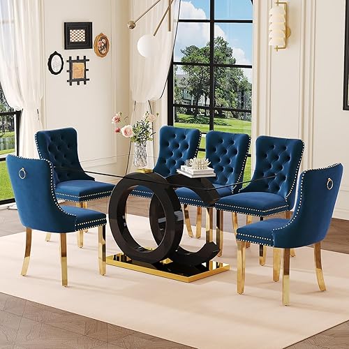 Miniatura 21 de Juego de mesa de comedor de cristal de 63 pulgadas para 6, juego de mesa de comedor moderno para 6, mesa de vidrio templado con patas negras en Mesa