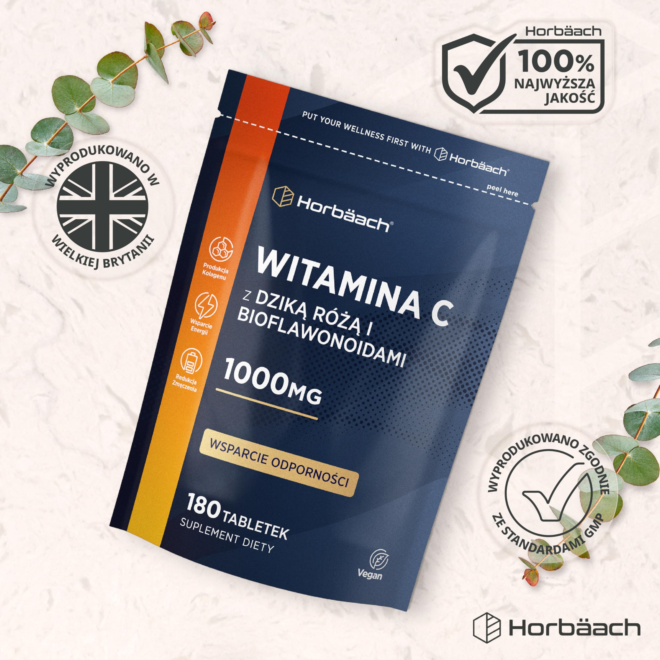Witamina C 1000mg z Dziką Różą i Bioflawonoidami | Wysoka Dawka | 180 Tabletek - 6 Miesięcy Suplementacji | Suplement Wegański | marki Horbaach
