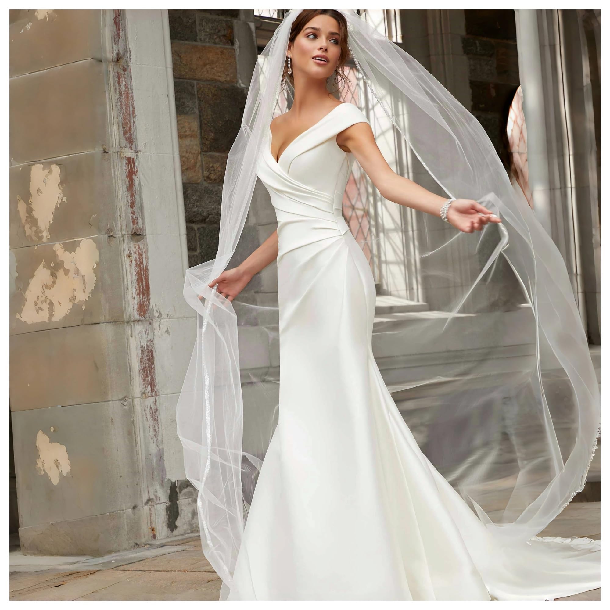 Luxuriöser langer Kathedralen-Hochzeitsschleier aus Kristallorganza, Brautschleier mit Strasssteinkante, 1 Ebene, weiche Accessoires(WHITE,300cm)