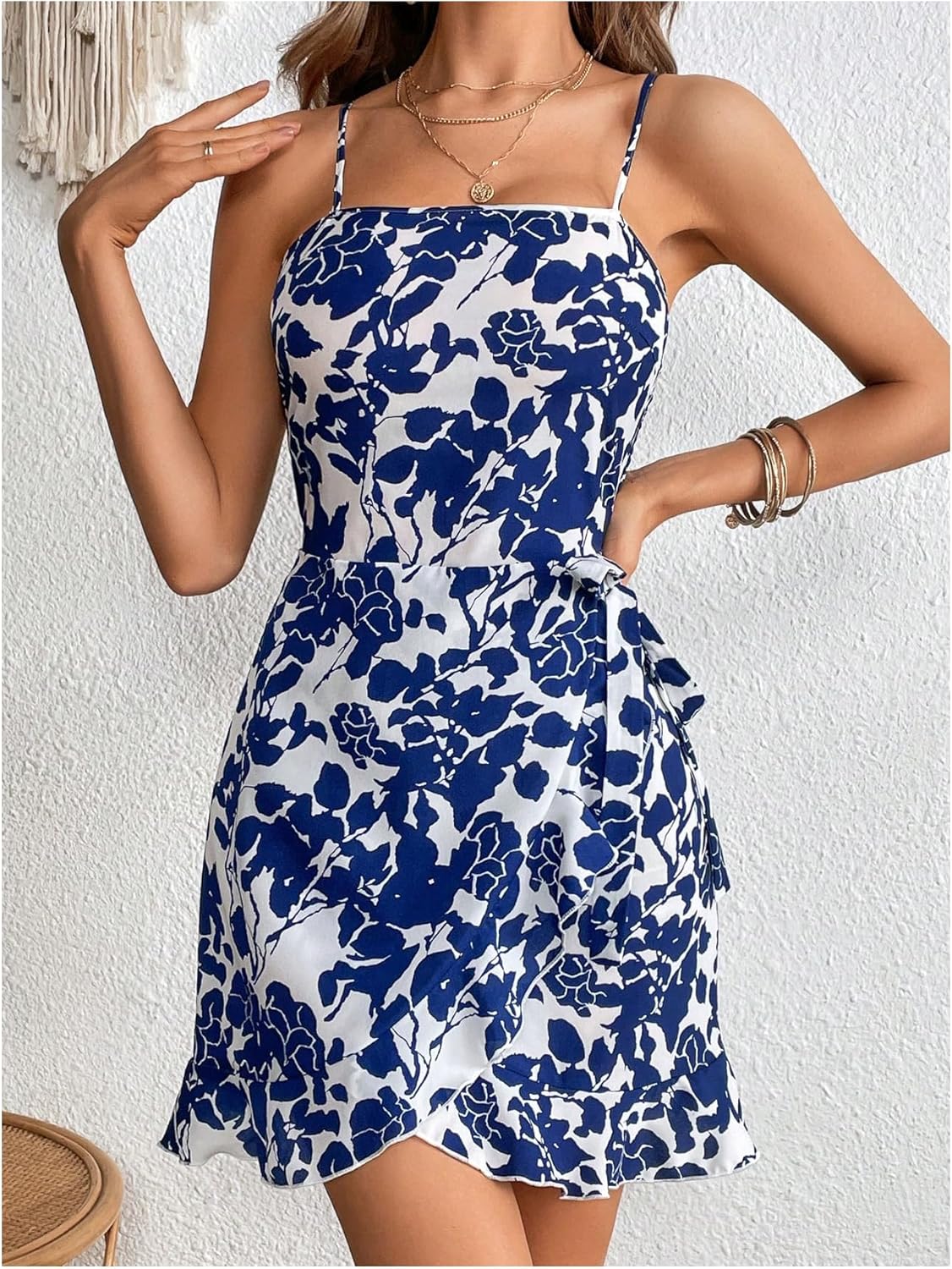 WDIRARA Women's Boho Floral Print Ruffle Mini Dresses Wrap Tie Waist Sleeveless Cami Dress - Image 4