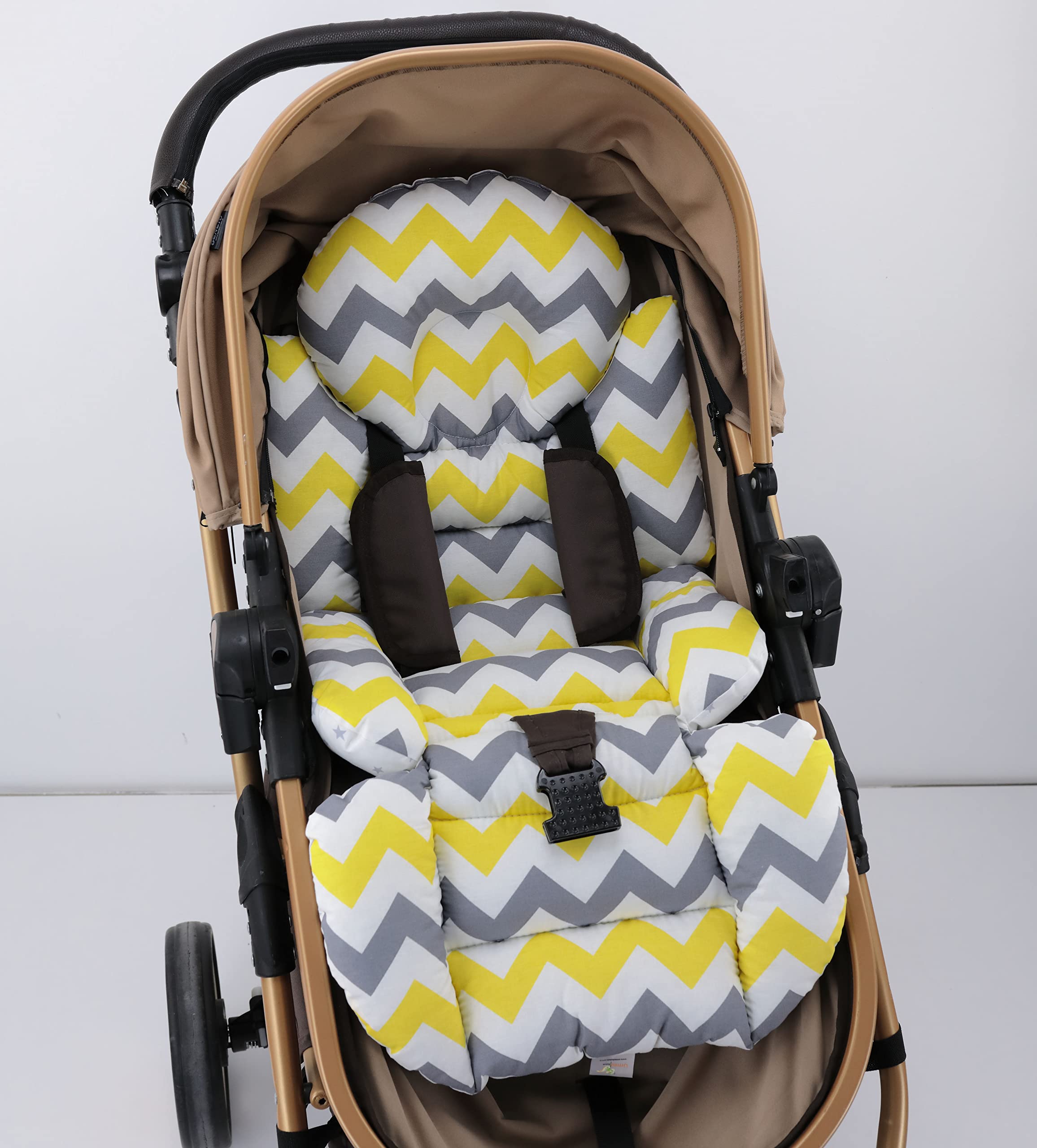 Pushchair/Stroller Cushion- Pram Accessories -Seat Liner -Umay Baby 100% Cotton Cover (Yellow Grey Zig Zag)