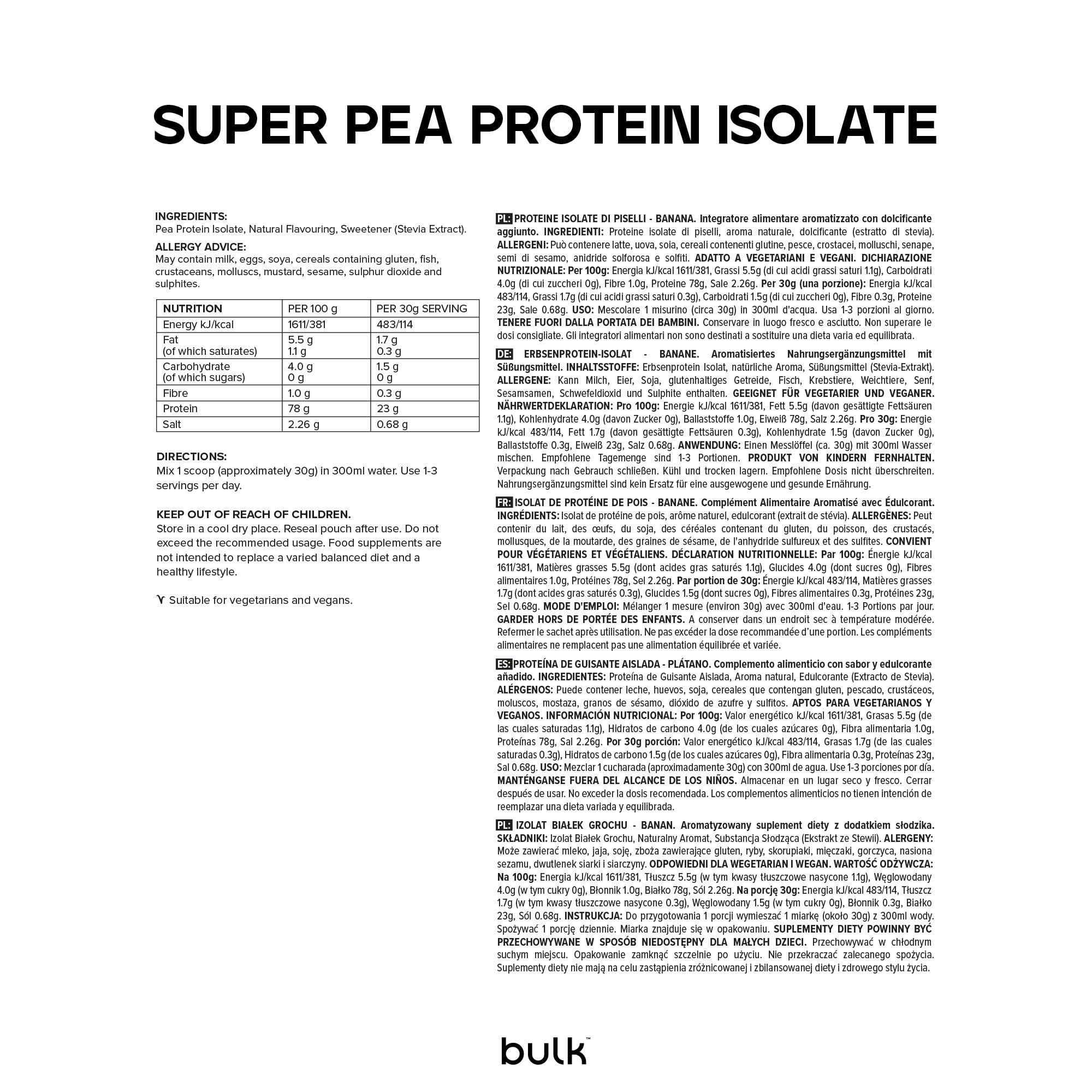 Bulk Pea Protein Isolate Powder, Vegan Protein Shake, Banana, 1 kg, 33 Porzioni
