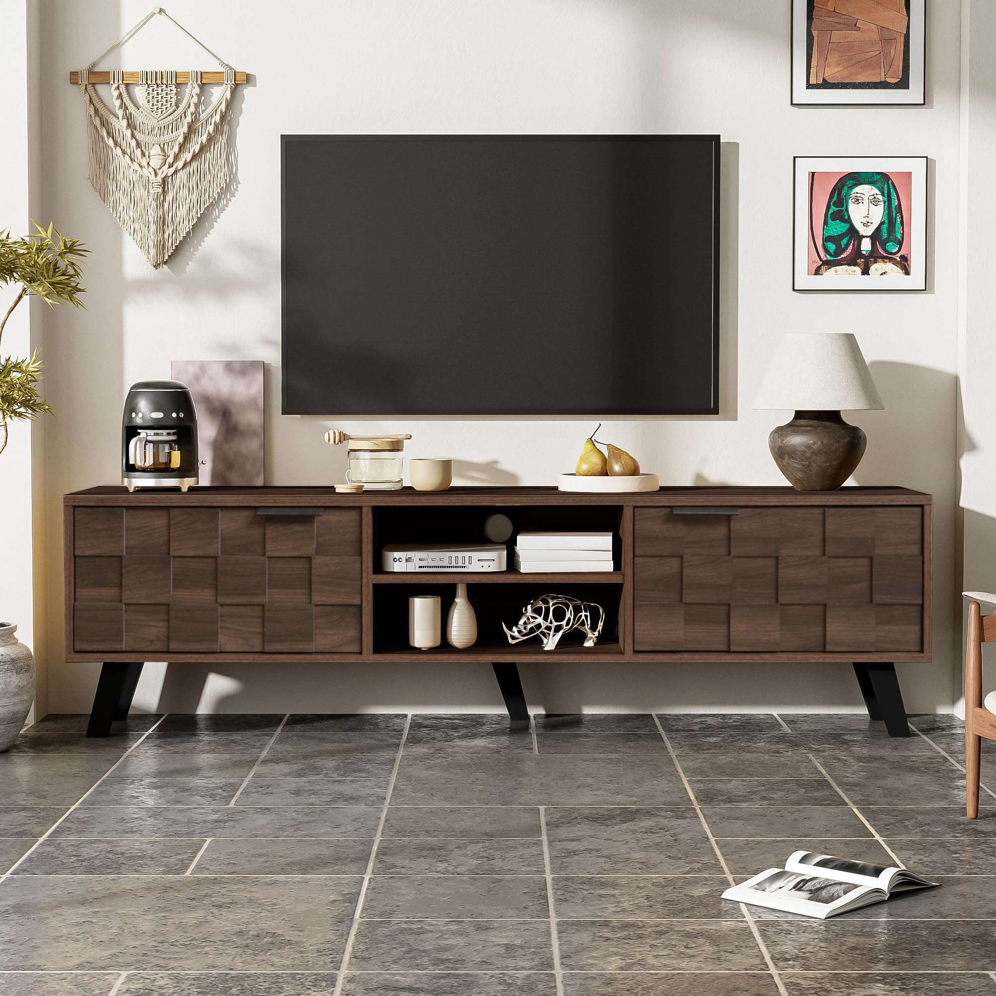 Merax TV Stand for TVs up to 70 Inch, TV Cabinet with 2 Doors, 2 Open Shelves, Wood Grain Entertainment TV Unit Media Console with Soft Close Hinges, Low TV Bench for Living Room, Oak Effect, 160.5cm