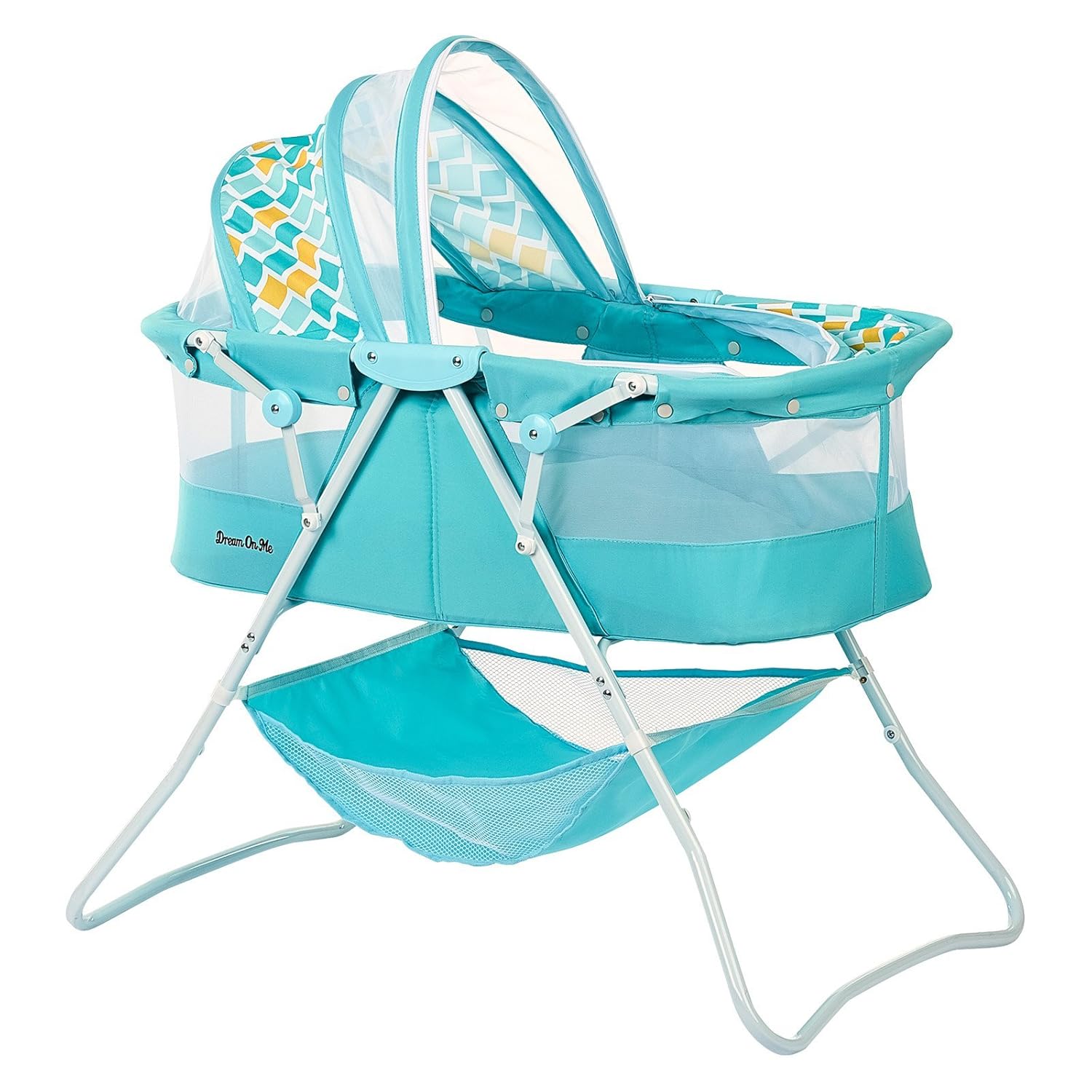 Dream On Me Karley Bassinet in Pink, Lightweight Portable Baby Bassinet, Quick Fold and Easy to Carry, Adjustable Double Canopy, Indoor and Outdoor Bassinet with Large Storage Basket. Aqua