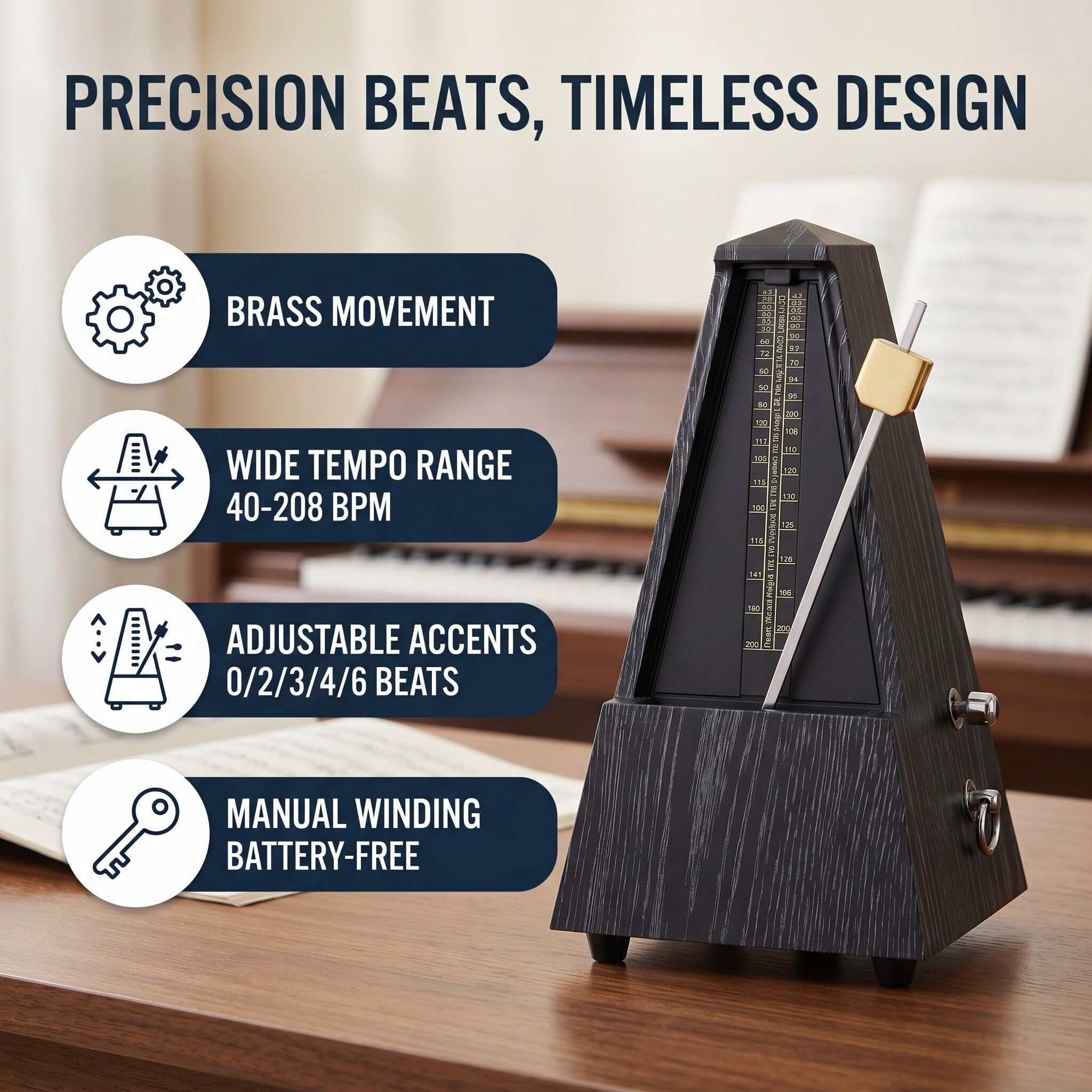 Fabater Metronomo Meccanico per Pianoforte, Chitarra, Violino, Cetra, Movimento in Ottone Massiccio con Battiti Risonanti Chiari 40-208 BPM, modalità Accento Regolabile 0/2/3/4/6 (Grano di ebano)