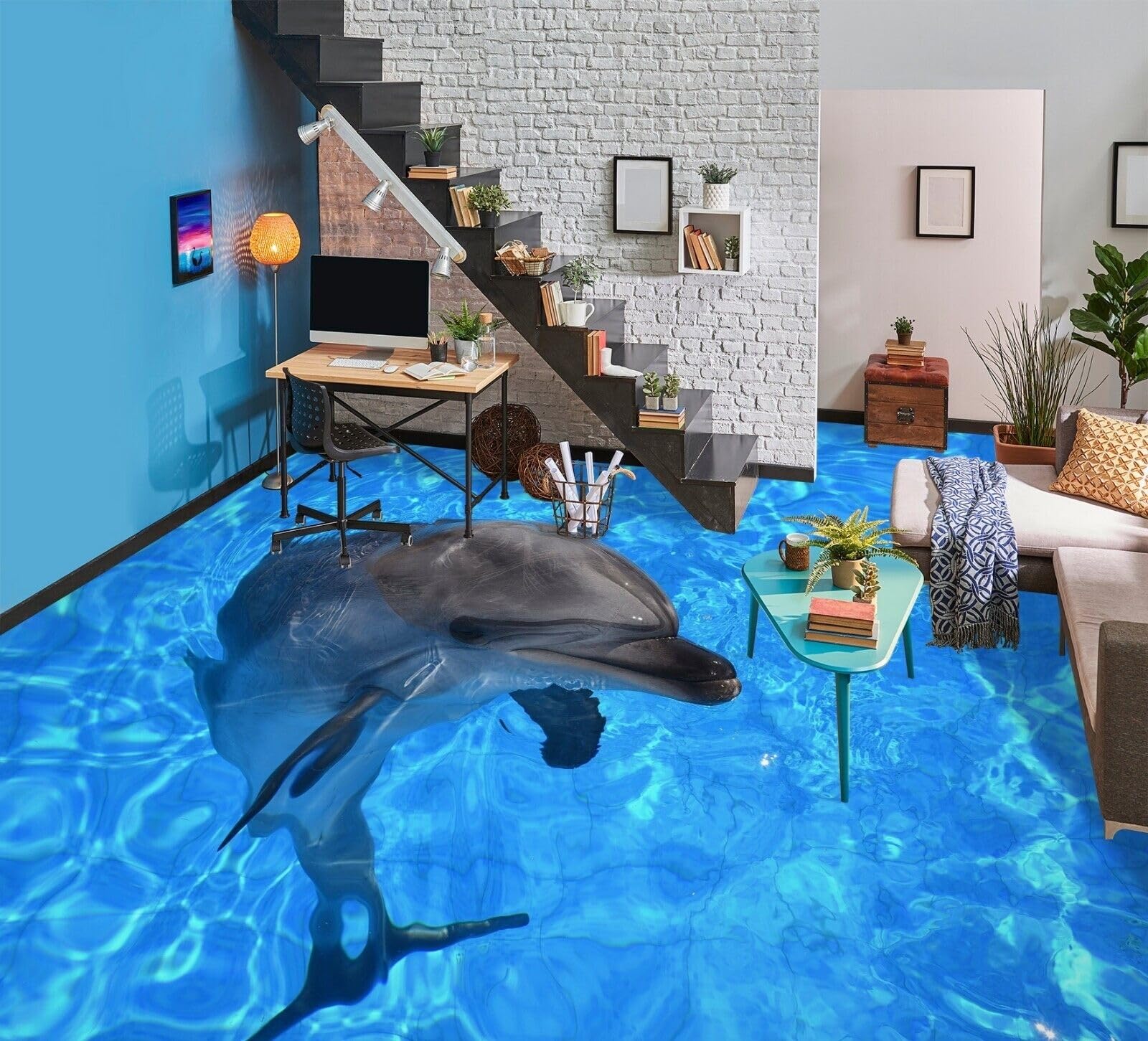 Badezimmerbodenaufkleber Wasserdicht 3D-Bodentapeten mit niedlichen Delfinen, 150 x 105 cm 3D Bodenfliesen Wandbilder Aufkleber Wasserdicht Selbstklebendes Vinyl 3D Wallpaper