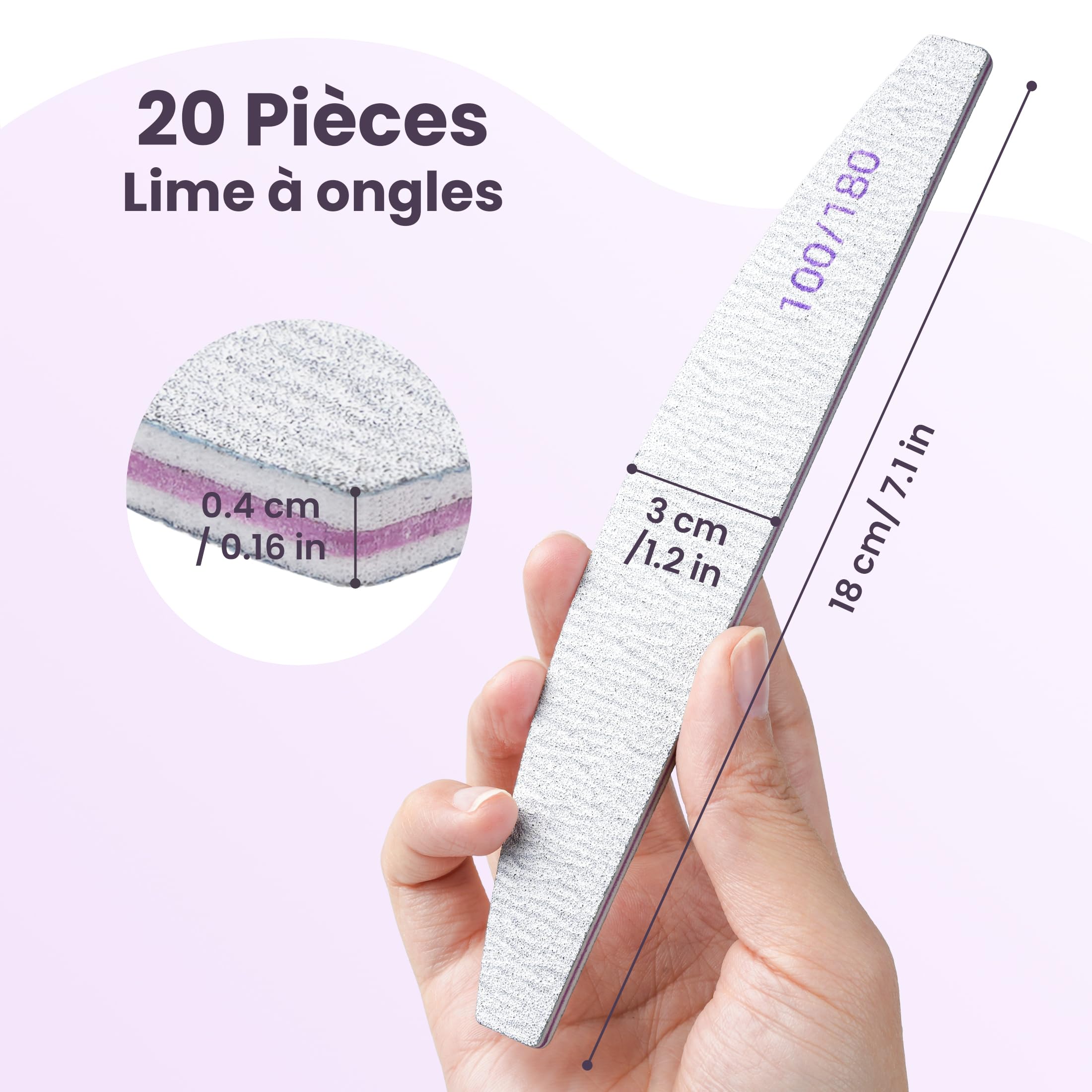 Lot de 20 Limes a Ongles 100 180 Grain, Lime à Ongles Double Face pour Ongles en Gel et Acrylique, Kit de Lima Ongle Réutilisables pour Manucures et Pédicures en Gel, Ongles Naturels