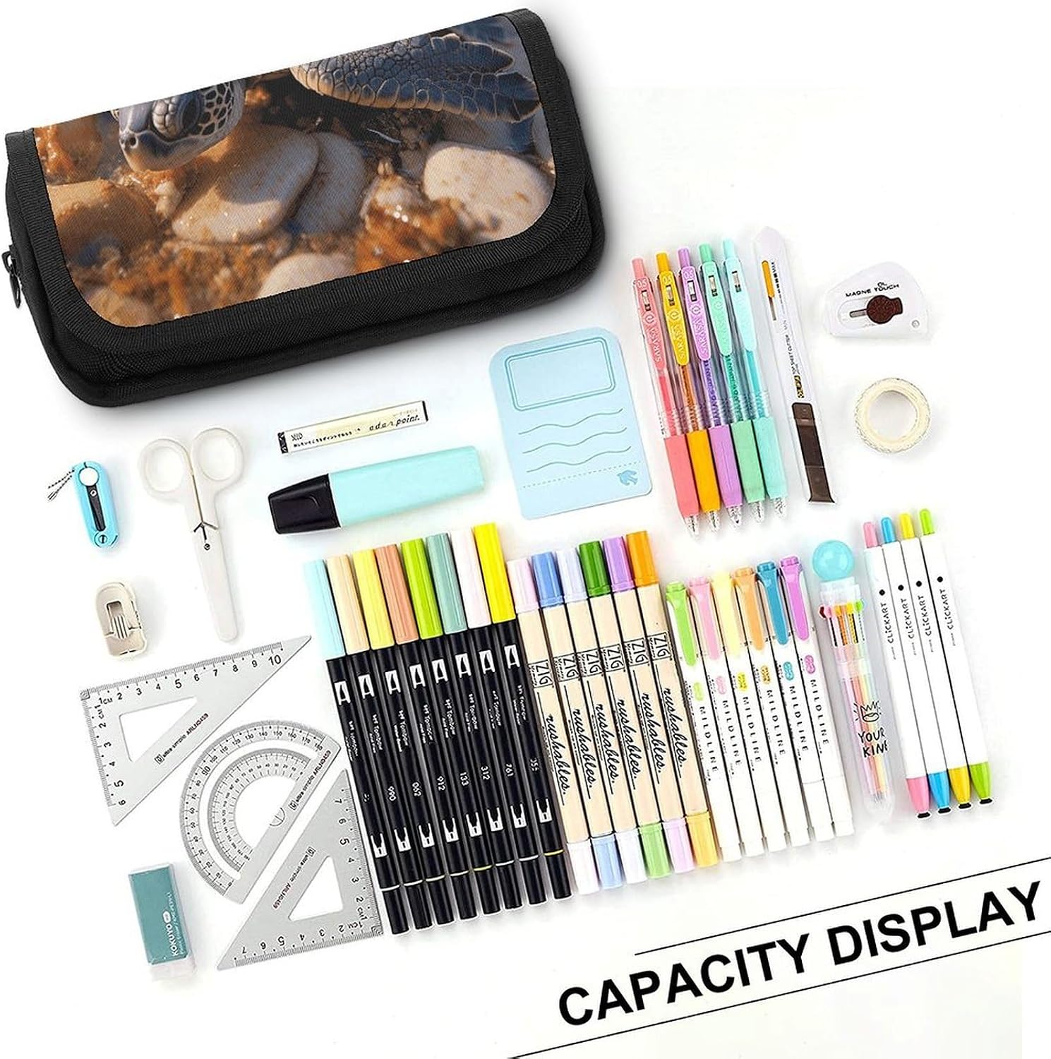 Cute Baby Sea Turtle Crawled on The Beach Large Pencil Case High Capacity Pencil Pouch Aesthetic Holder Box Storage Bag Desk Organizer Marker Pouch Pen for Supplies Makeup Bag & Daily Use image 4