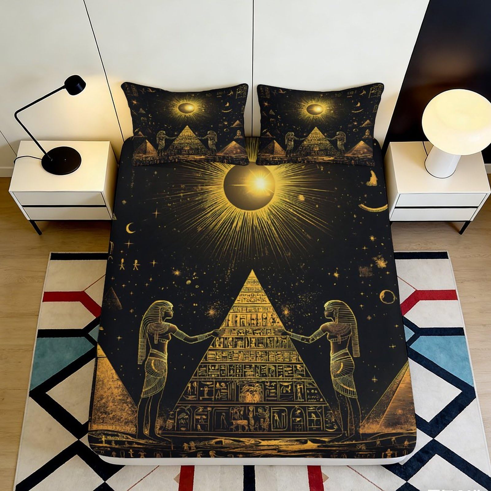 3D Printed Ancient Pyramid Fitted Sheet Microfiber Sun Moon Egyptian Mattress Cover for Bedroom Guestroom Decor 90x200x25cm