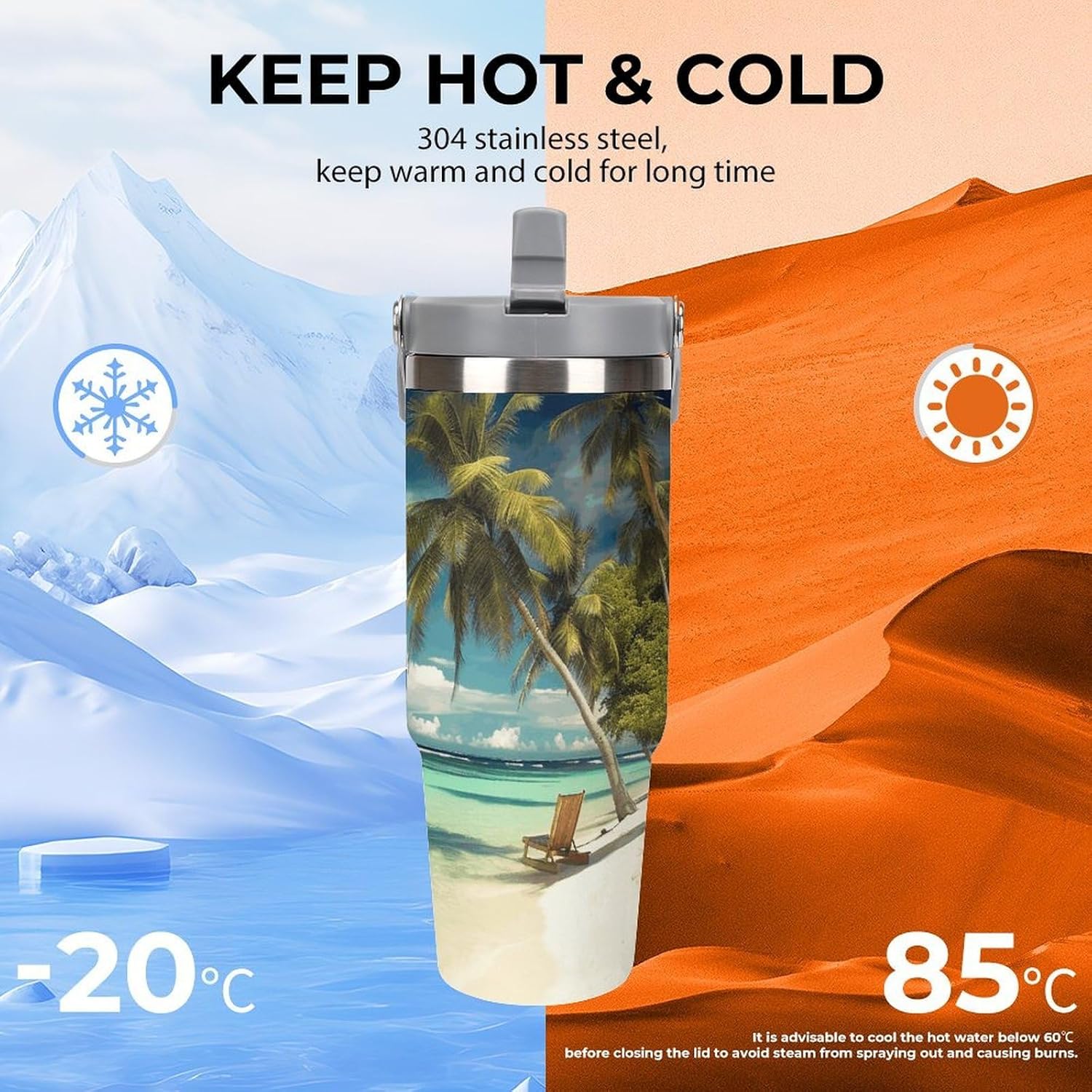 30oz Insulated Tumblers with Top Handle, Stainless Steel Tropical Holidays Car Cup with Straw for Gift, Leak-Proof Double Wall Vacuum Travel Mug, Personalized Water Bottles White