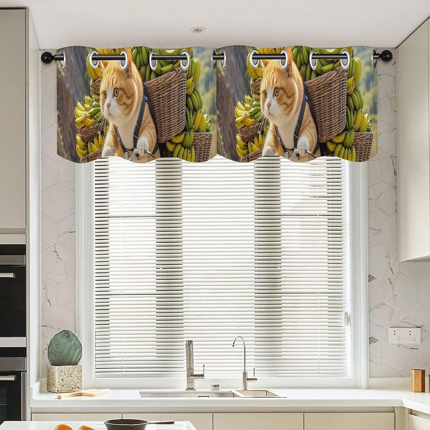Cats Ride Bikes to Deliver Bananas Valance for Windows, 2 Pack Kitchen Curtains Modern Home Decor, Soft Blackout Window Curtains for Living Room & Bedroom, 18 X 52 Inch