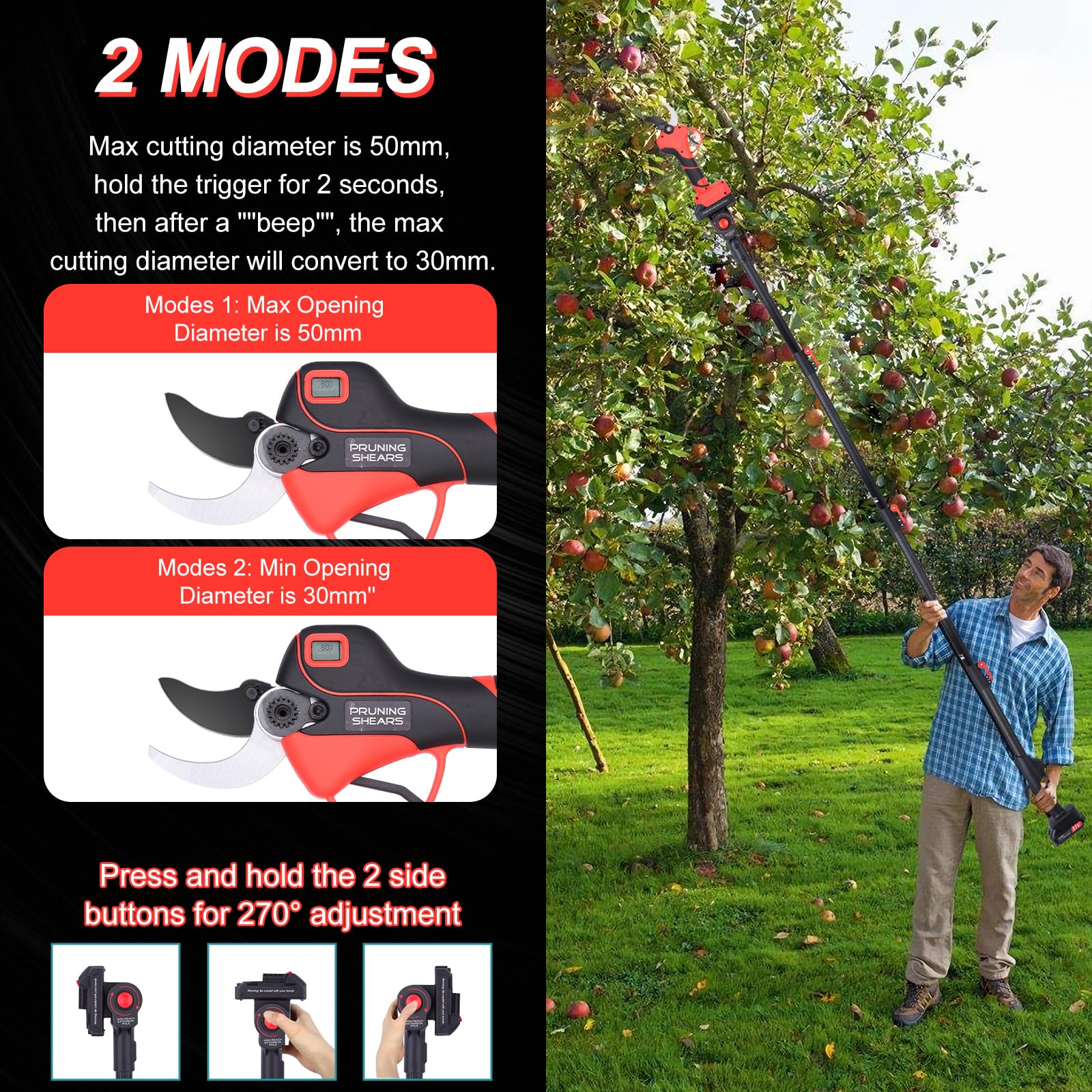 Tijeras de Podar Eléctricas 50mm con Batería: Tijeras de Podar Telescópicas con 2M Pértiga de Extensión, Podadora Telescópica con 2x2000mAh Batería con Pantalla LCD para Jardineria, Huerto, Olivos