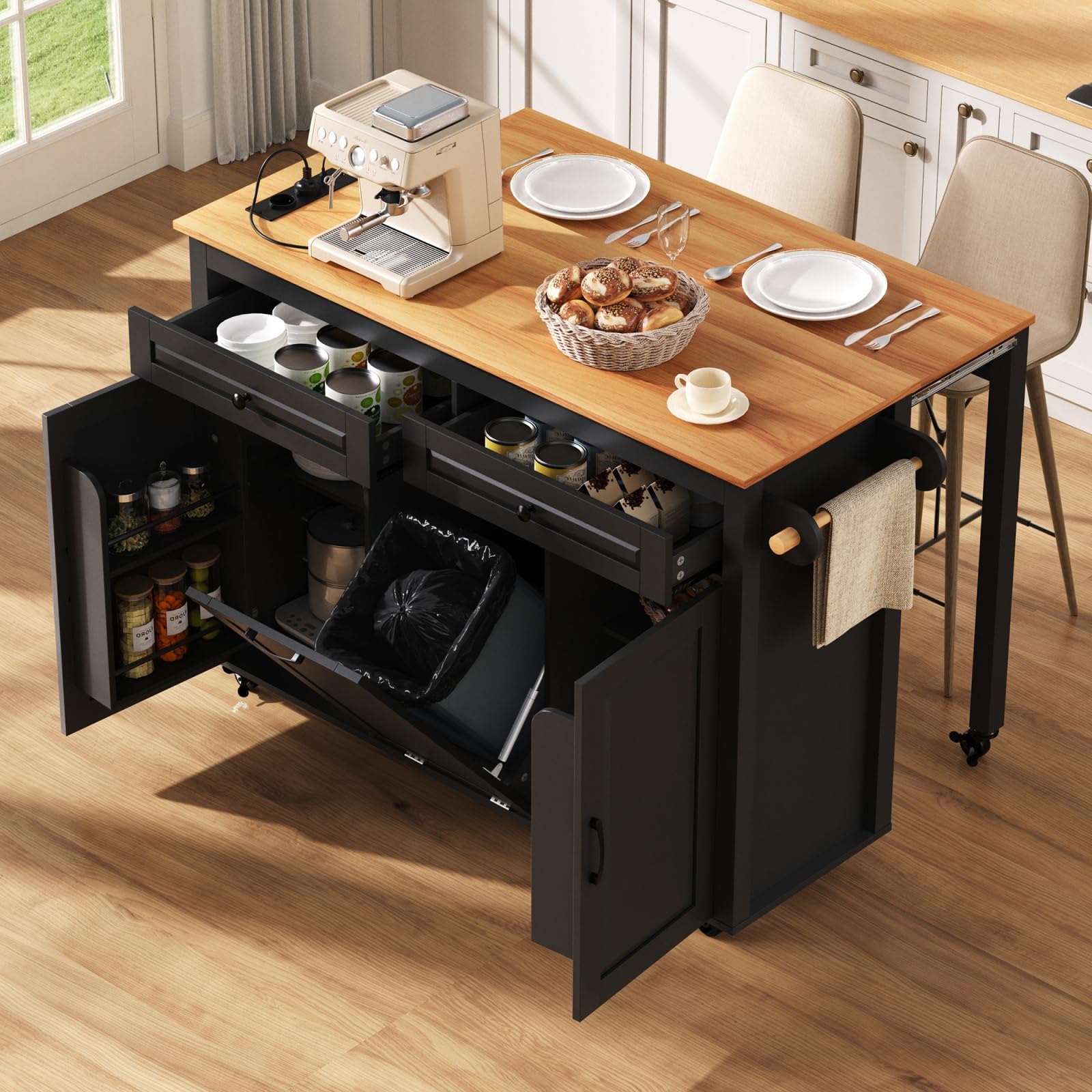 YEHTOKHOME Îlot Central Cuisine avec Station de Charge, Desserte de Cuisine avec Plans de Travail Extensibles, 2 Tiroirs, 2 Portes, Poubelle Intégrée, Porte Serviettes (A-Noir)