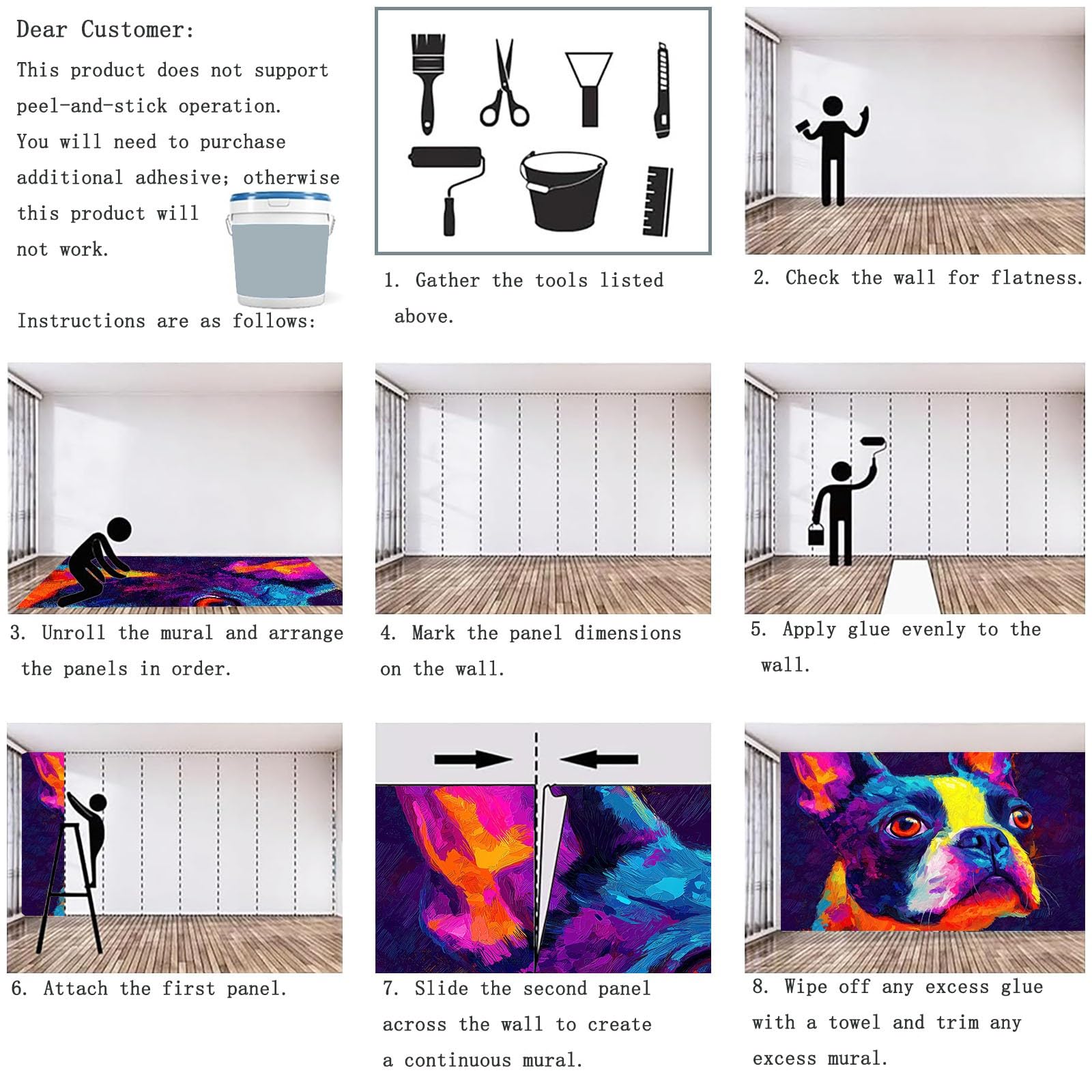 Tapeta z motywem 250 x 175 cm, abstrakcyjny bostoński terrier tapeta z motywem do pokoju dziecięcego i kącika do majsterkowania, kolorowa