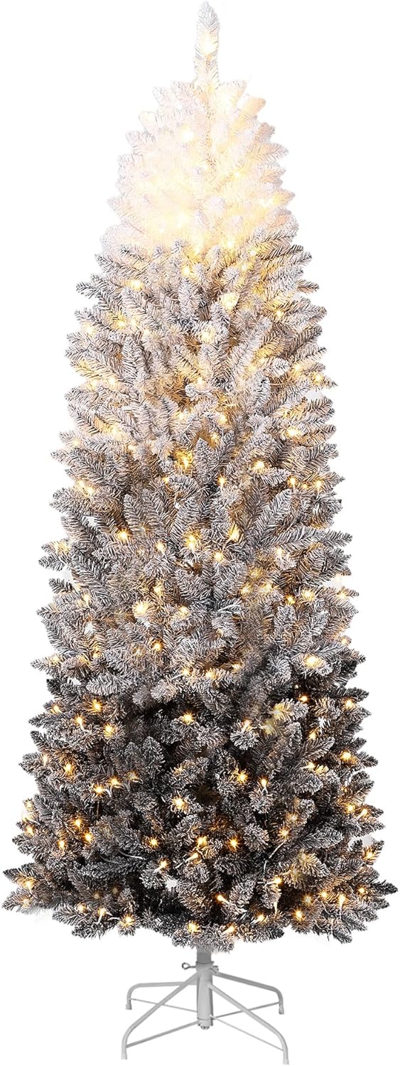 GAOMON 6Ft Prelit Black Christmas Tree with Lights Slim Artificial Halloween Christmas Tree Artificial Pencil Tree Automatic Branches for Home, Office, Party Decoration, White & Black Gradient