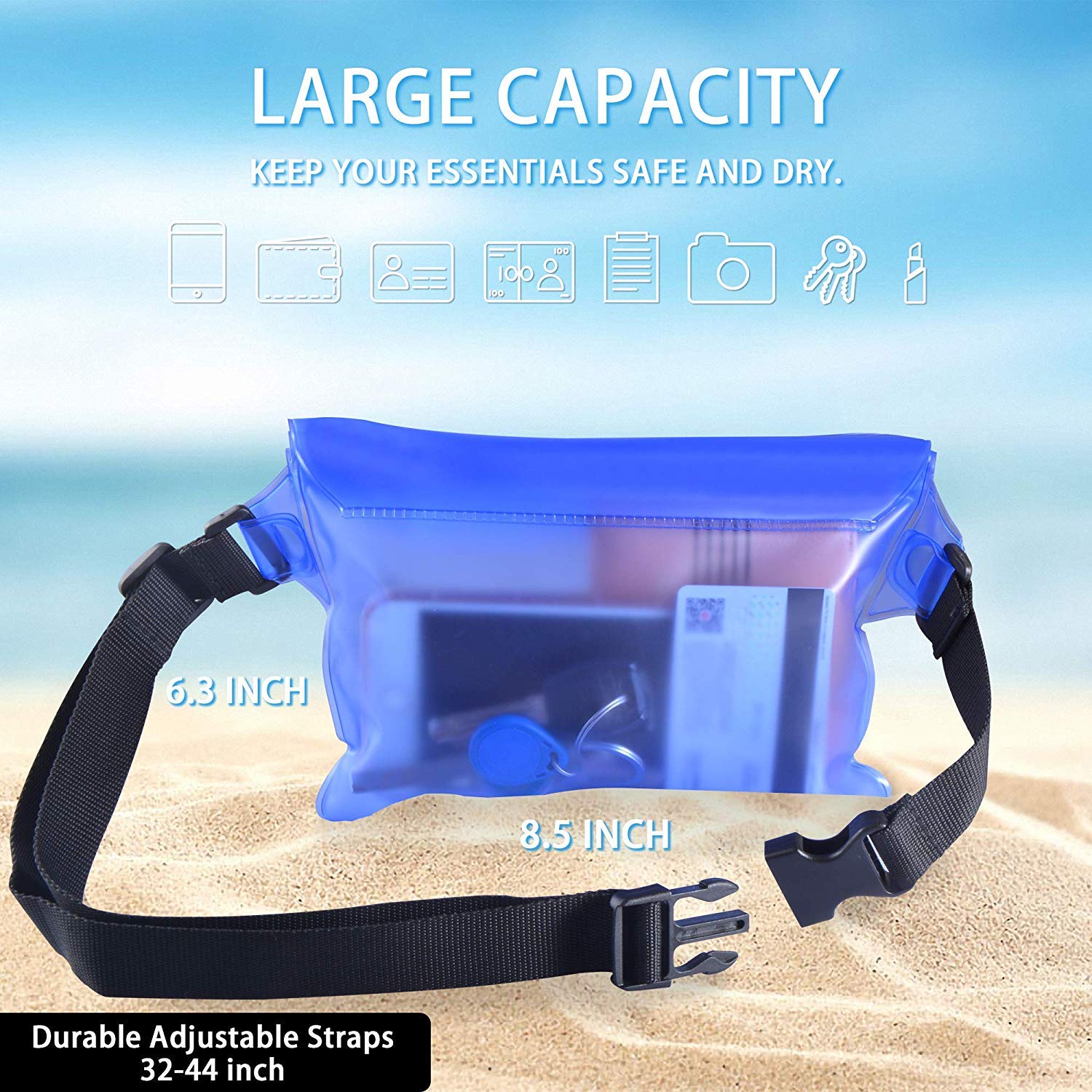 KMDJG Waterproof Pouch with Waist Strap, 3 Pack Waterproof Fanny Pack Screen Touchable Dry Bag with Adjustable Belt for Phone Valuables for Boating Swimming Beach Pool Water Parks (Blue Clear Black)
