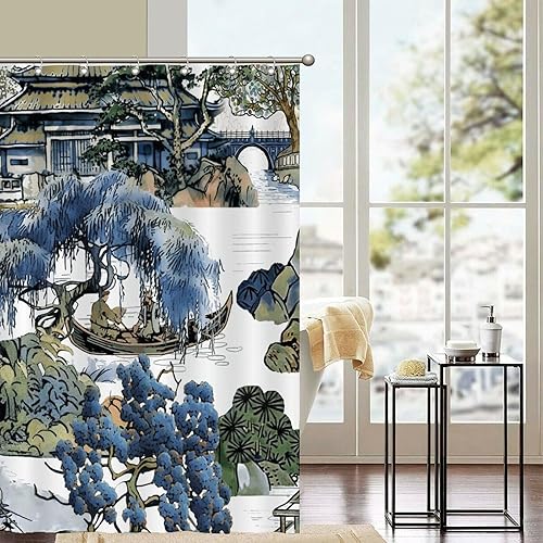 Miniatura 940 de Cortinas de ducha de baño con ganchos, 72 x 92 pulgadas, cortina de ducha de tela impermeable con diseño de flores y pájaros, cortina de ducha