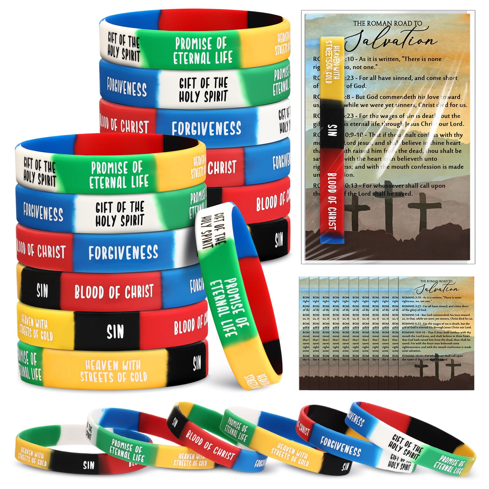 50 Sets Christian Gifts Bulk Salvation Bracelets with Plan of Salvation Cards Religious Silicone Bracelets Christian Bookmarks Gospel Tracts Roman Road to Church Teaching Kit