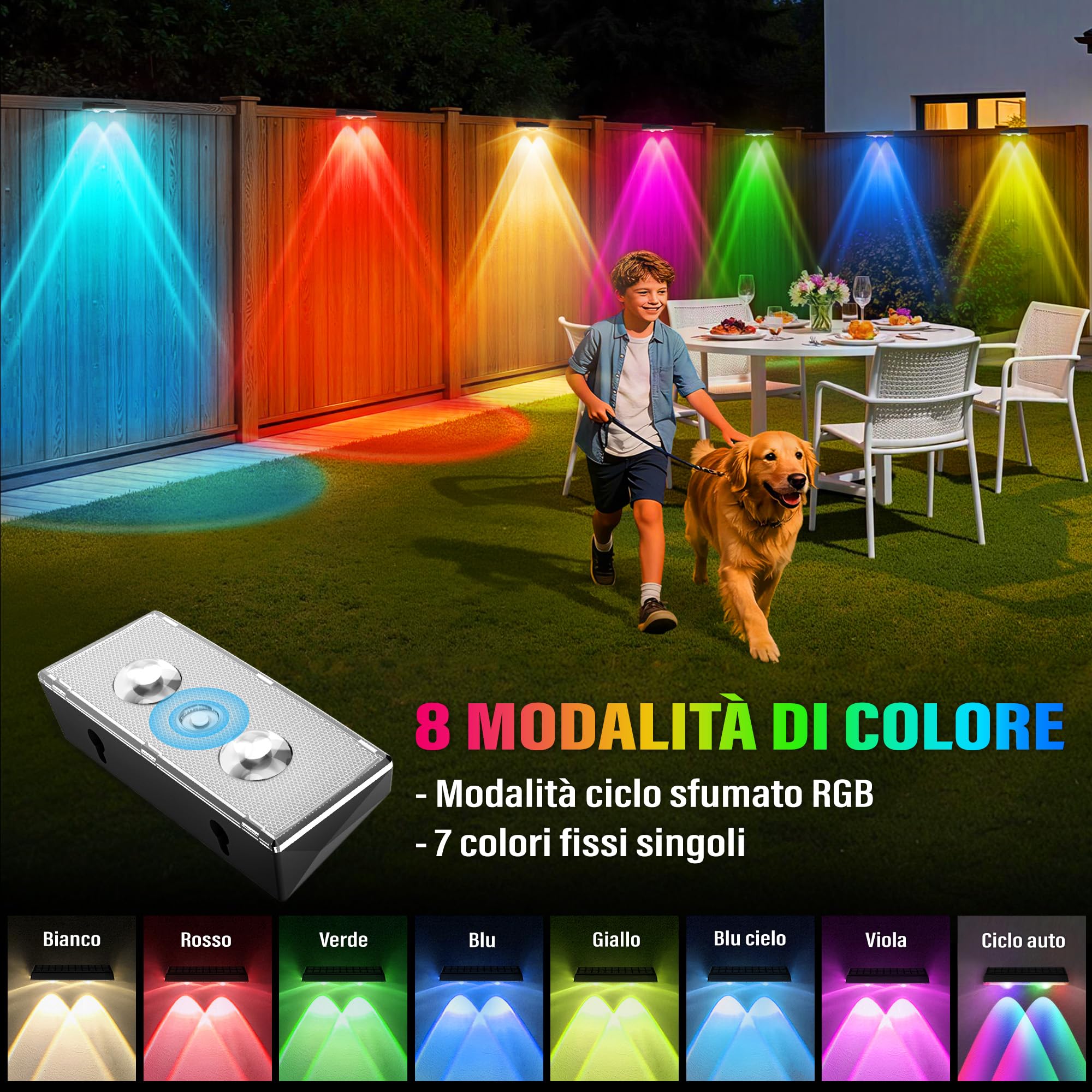 Applique da Esterno Solare Impermeabilità IP67, 6 Pezzi Luce Solare LED Esterno RGB con 8 Modalità Lampade Solari da Esterno per Cortile, Giardino e Recinzione