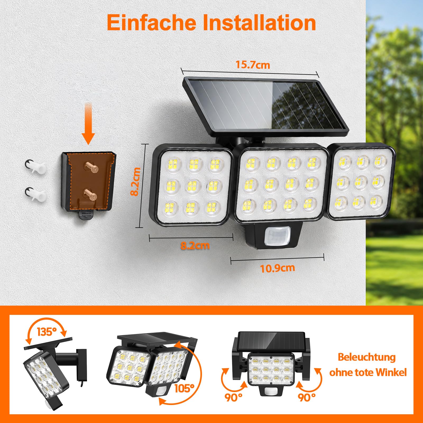 GEARLITE Solarlampen für Außen mit Bewegungsmelder 2 Stück, 4-in-1 LED Superhelle 3500LM Solarleuchte 3 Köpfe, 3 Modi, 270° Weitwinkelbeleuchtung, IP65 Wasserdicht Solar Wandleuchte für Garage Hof